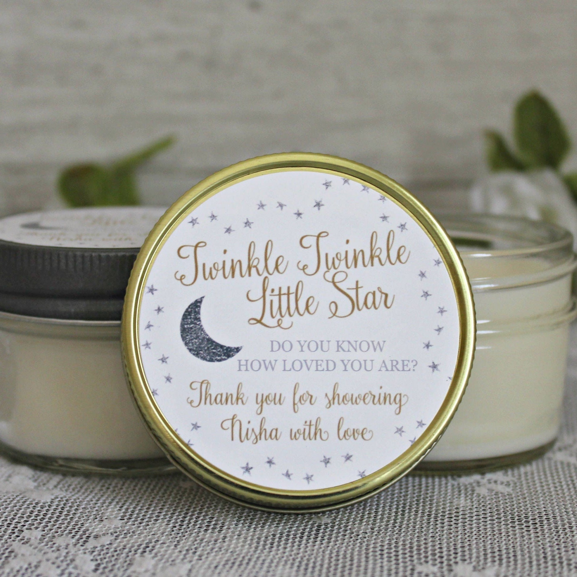 Twinkle Twinkle Little Star Baby Shower Favor / 4 oz Soy Candle Favor / Do you know how loved you are? / Gold & Silver Favor