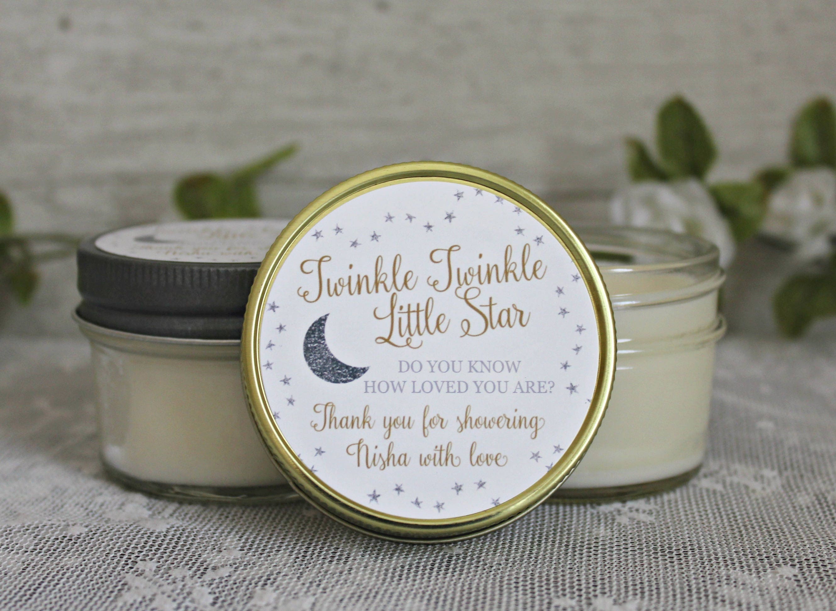 Twinkle Twinkle Little Star Baby Shower Favor / 4 oz Soy Candle Favor / Do you know how loved you are? / Gold & Silver Favor