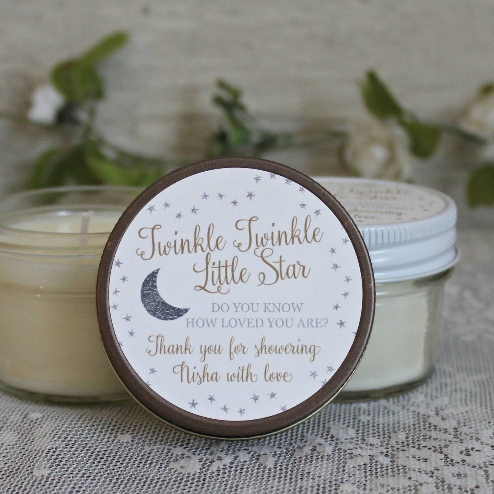 Twinkle Twinkle Little Star Baby Shower Favor / 4 oz Soy Candle Favor / Do you know how loved you are? / Gold & Silver Favor