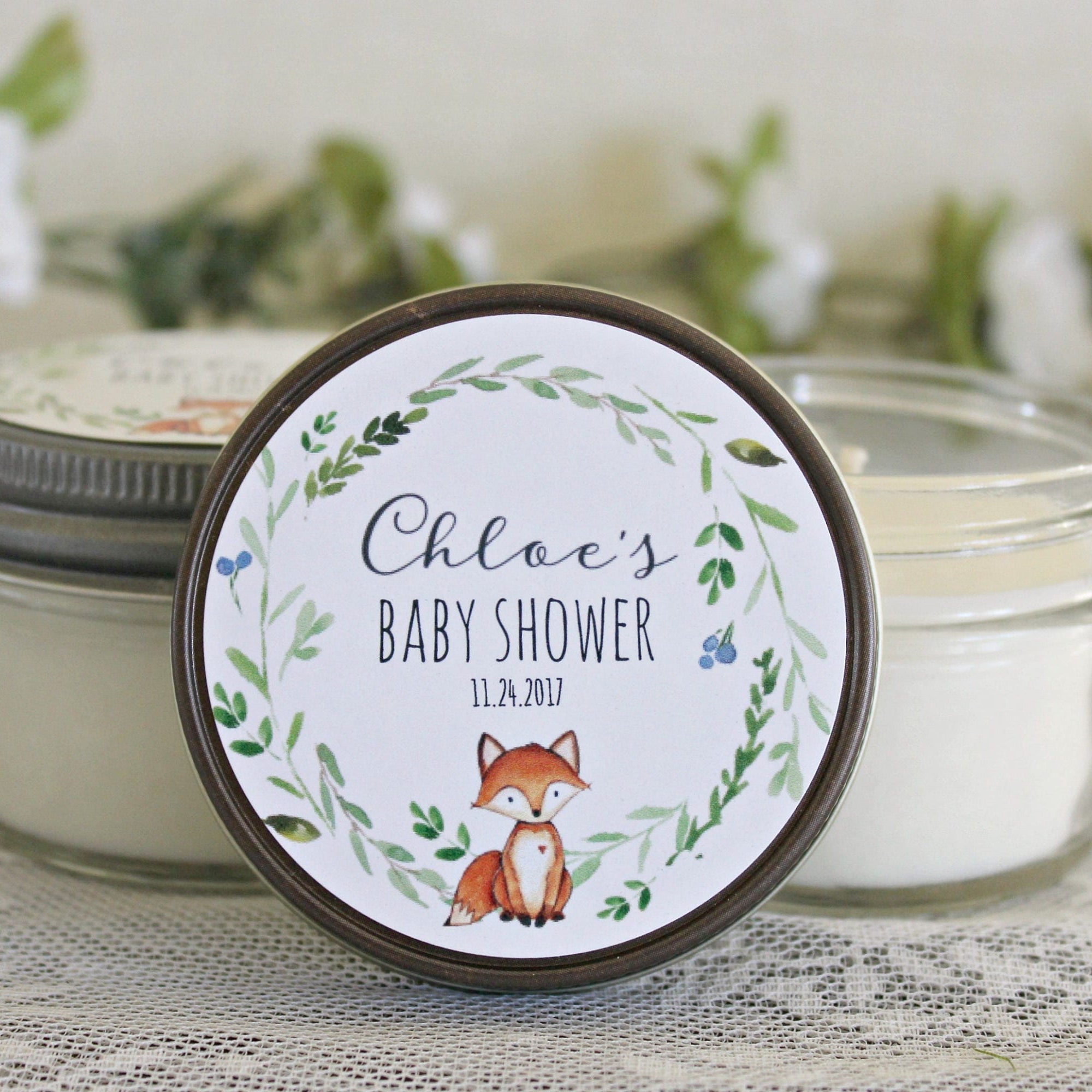 Fox Baby Shower Candle Favor / Woodland Baby Shower / Personalized 4 oz Soy Candle Favors / Gender Neutral Baby Shower