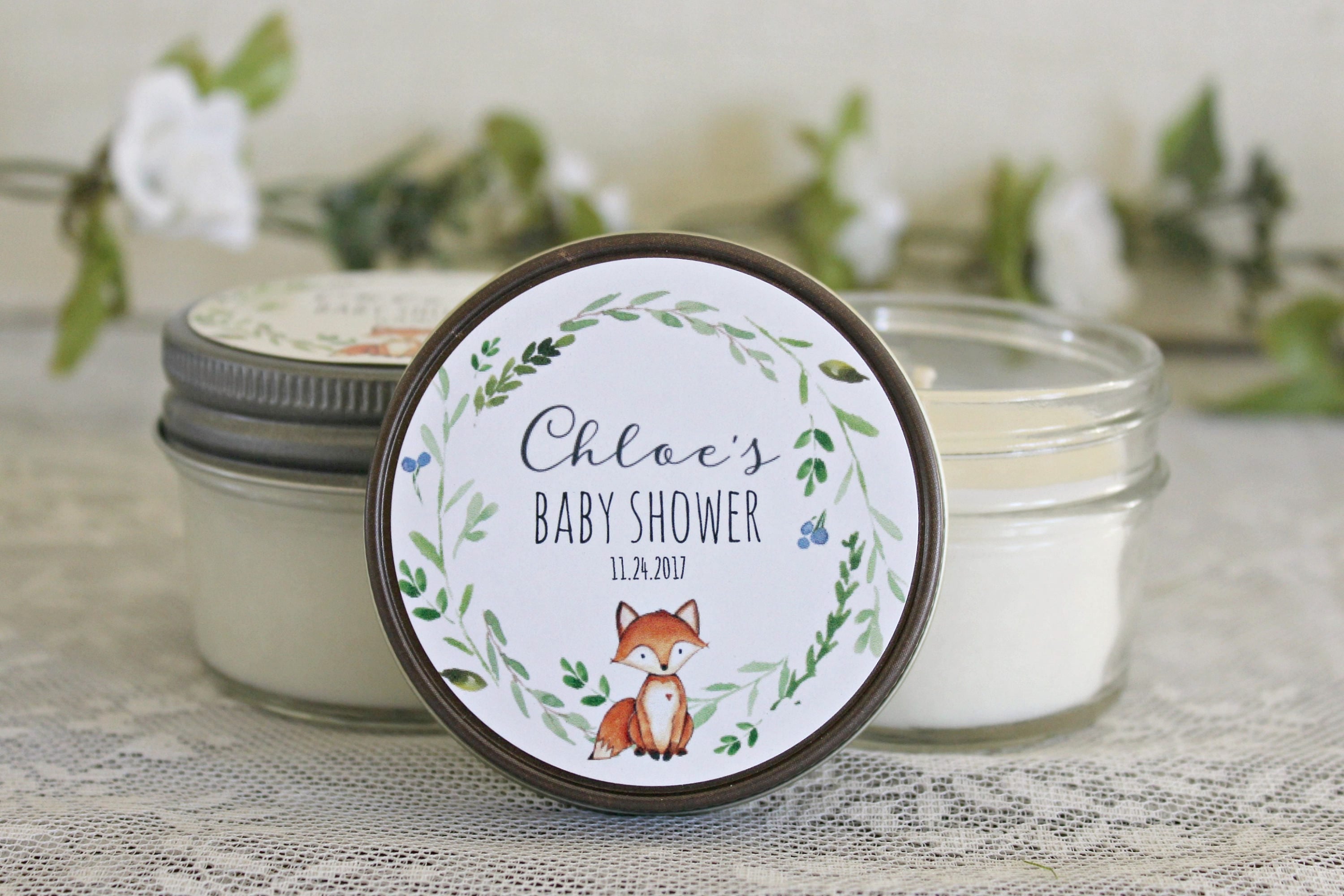 Fox Baby Shower Candle Favor / Woodland Baby Shower / Personalized 4 oz Soy Candle Favors / Gender Neutral Baby Shower