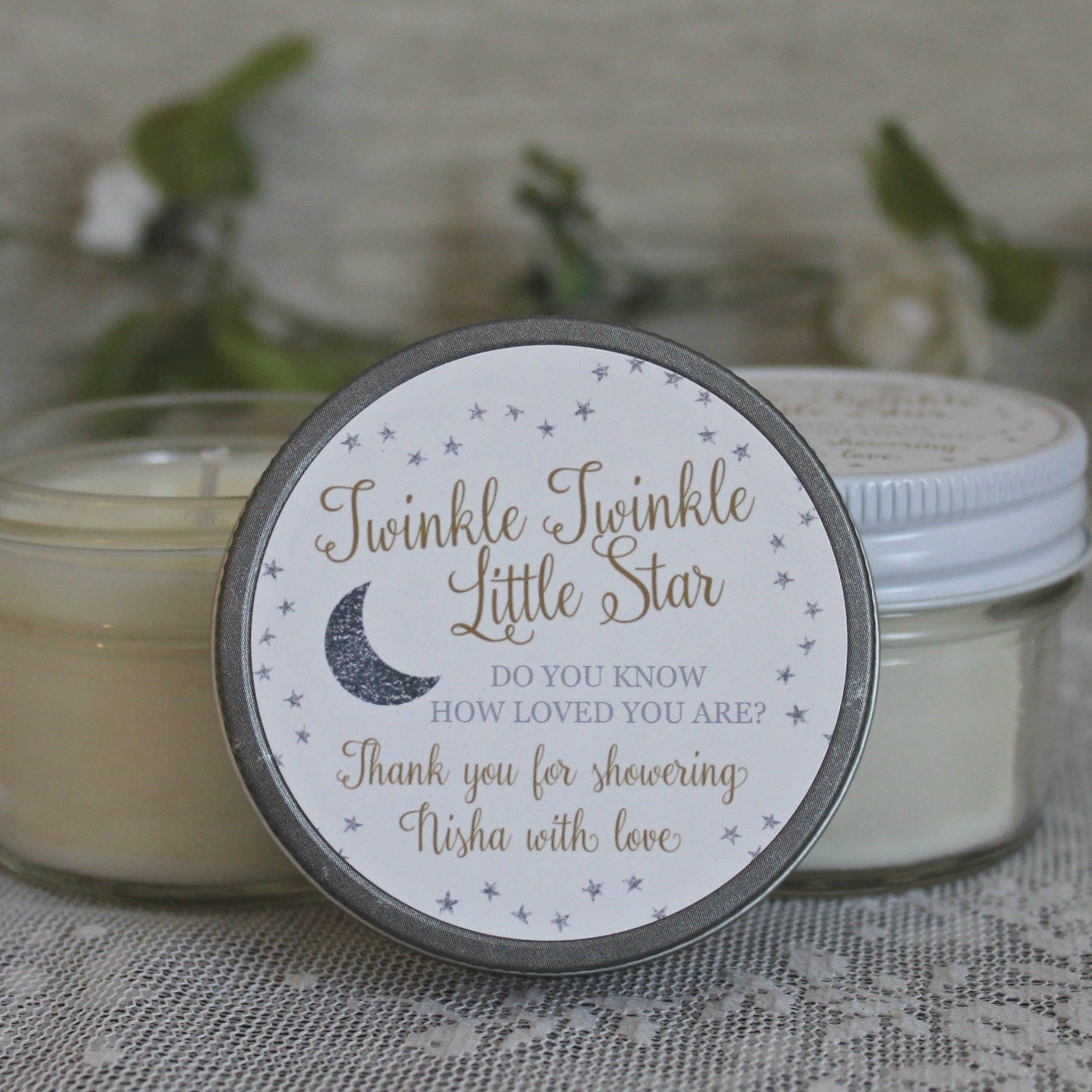 Twinkle Twinkle Little Star Baby Shower Favor / 4 oz Soy Candle Favor / Do you know how loved you are? / Gold & Silver Favor