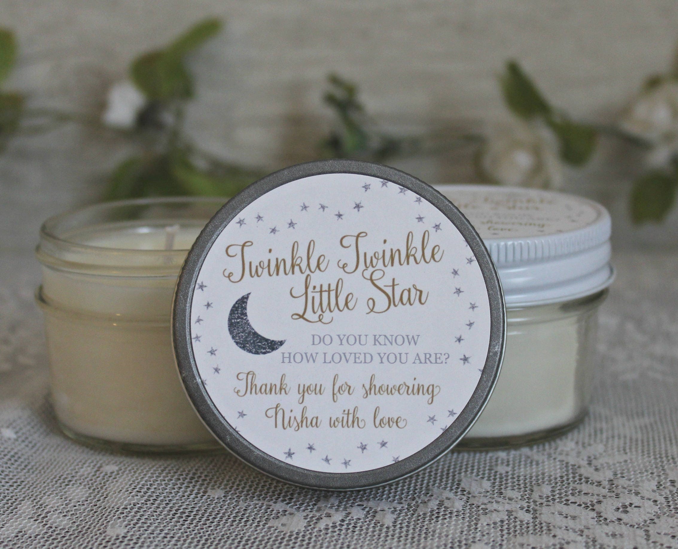 Twinkle Twinkle Little Star Baby Shower Favor / 4 oz Soy Candle Favor / Do you know how loved you are? / Gold & Silver Favor