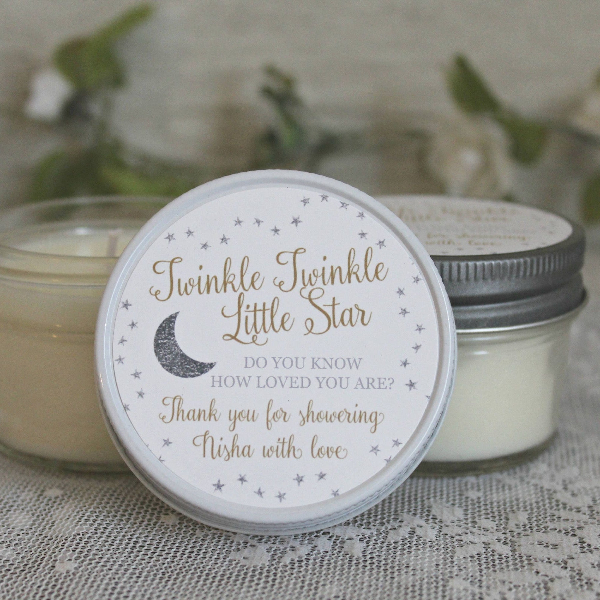 Twinkle Twinkle Little Star Baby Shower Favor / 4 oz Soy Candle Favor / Do you know how loved you are? / Gold & Silver Favor