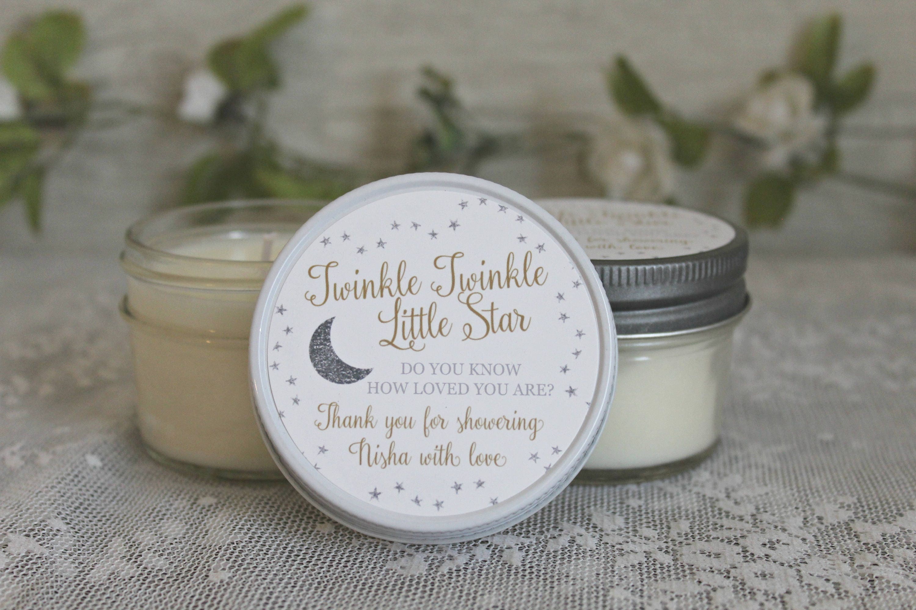 Twinkle Twinkle Little Star Baby Shower Favor / 4 oz Soy Candle Favor / Do you know how loved you are? / Gold & Silver Favor