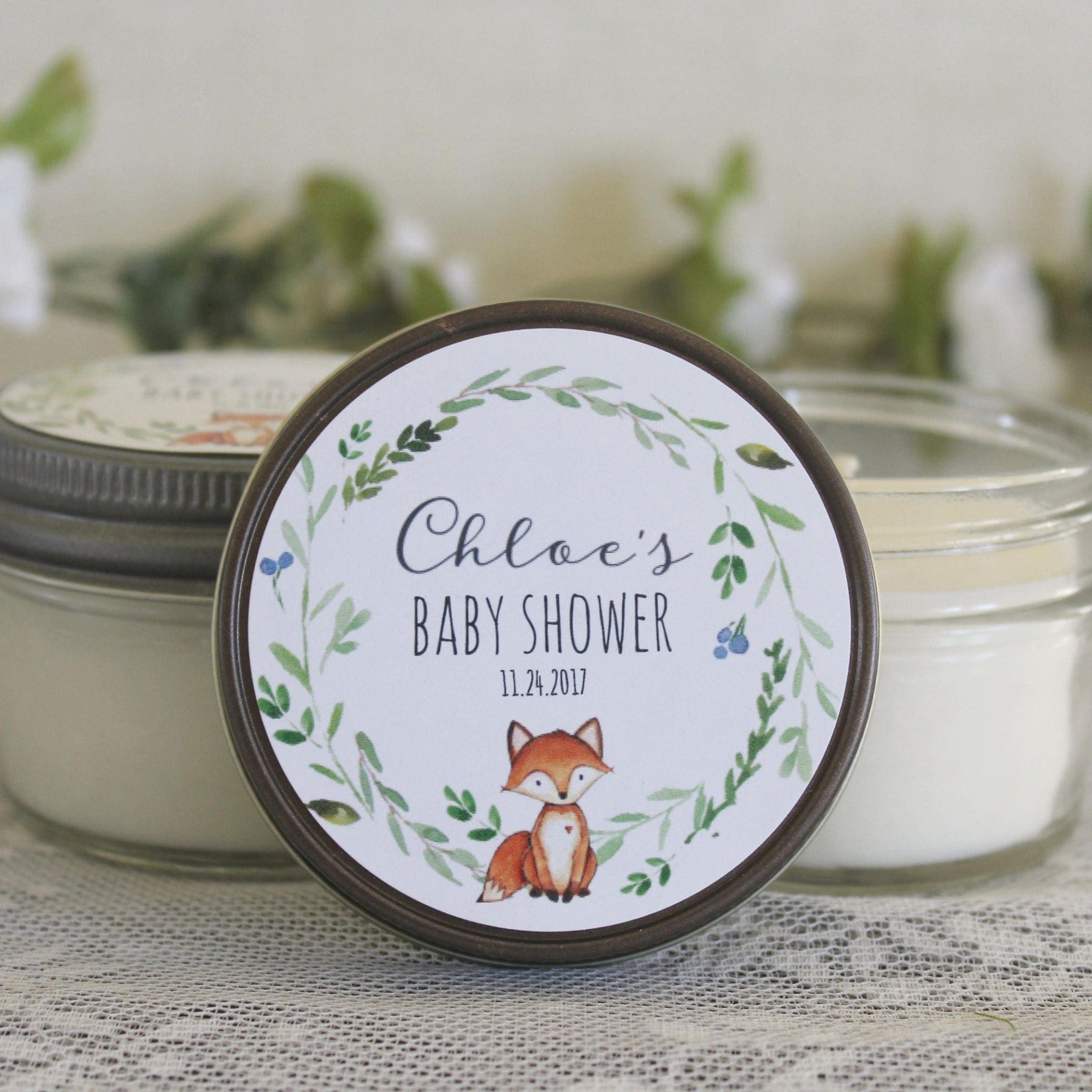 Fox Baby Shower Candle Favor / Woodland Baby Shower / Personalized 4 oz Soy Candle Favors / Gender Neutral Baby Shower