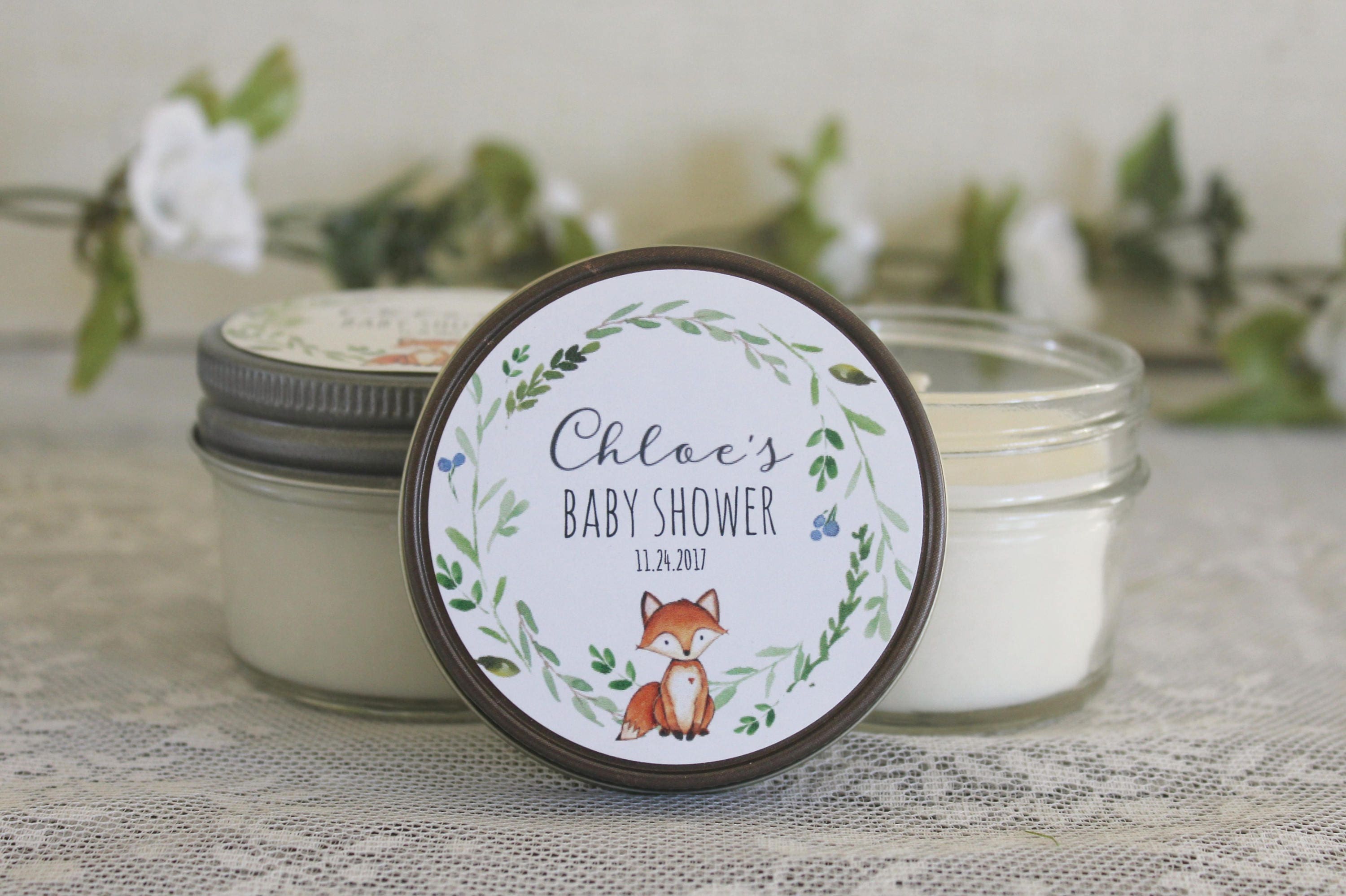 Fox Baby Shower Candle Favor / Woodland Baby Shower / Personalized 4 oz Soy Candle Favors / Gender Neutral Baby Shower