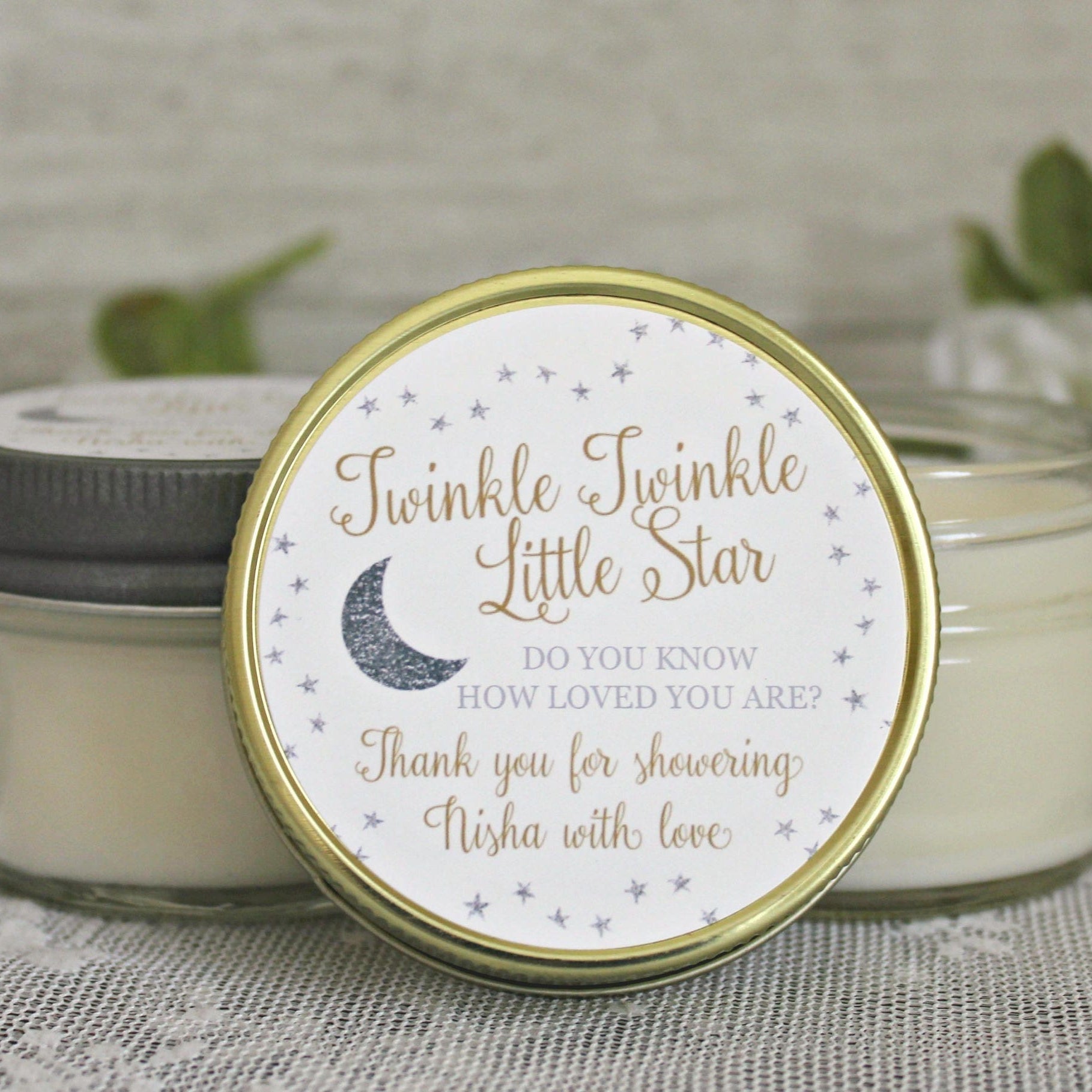 Twinkle Twinkle Little Star Baby Shower Favor / 4 oz Soy Candle Favor / Do you know how loved you are? / Gold & Silver Favor