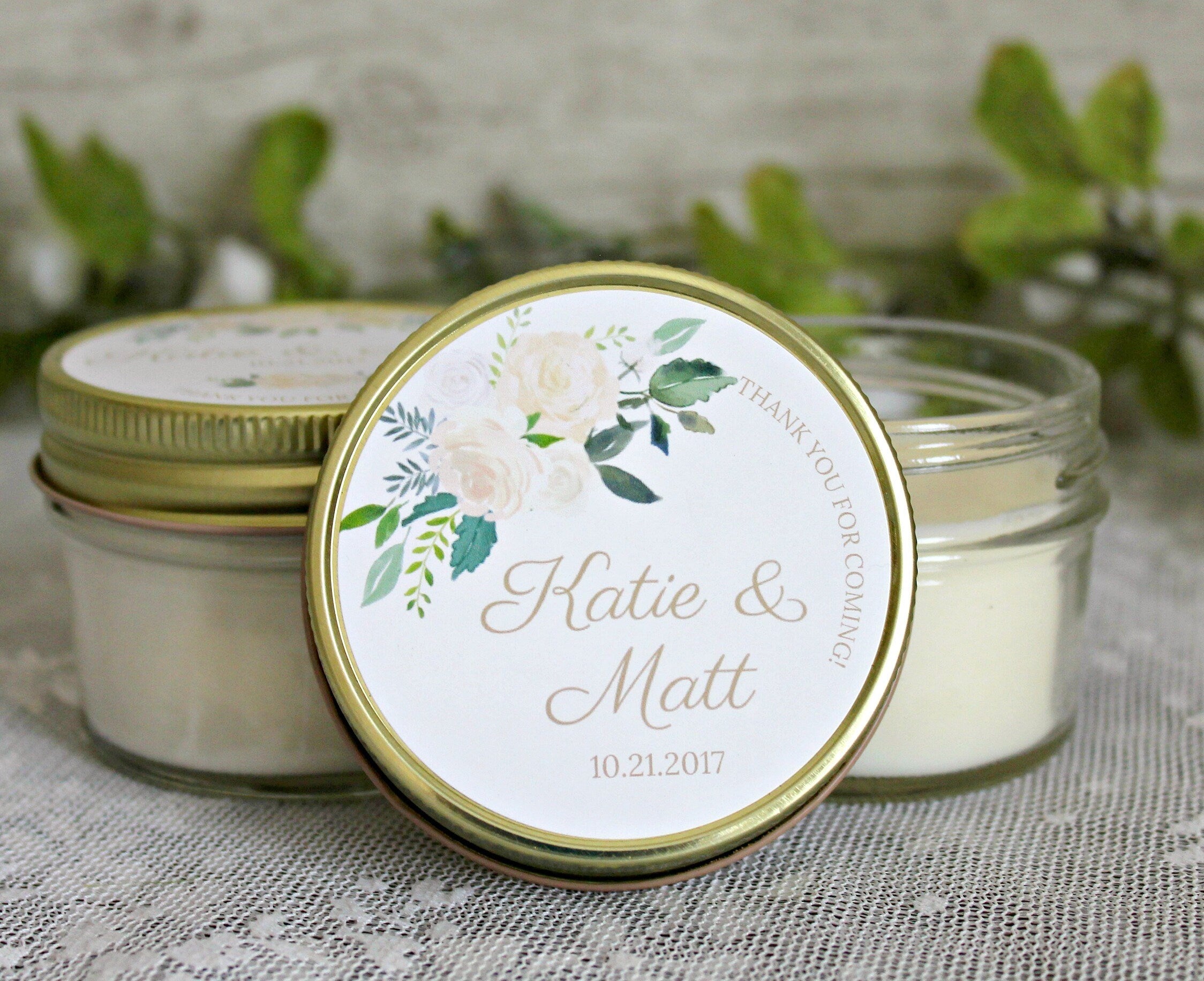 White, Green, & Gold Wedding Favor / Floral Wedding Favor / Personalized 4 oz. Candle Favors / Boho Wedding / Rustic Wedding / Personalized