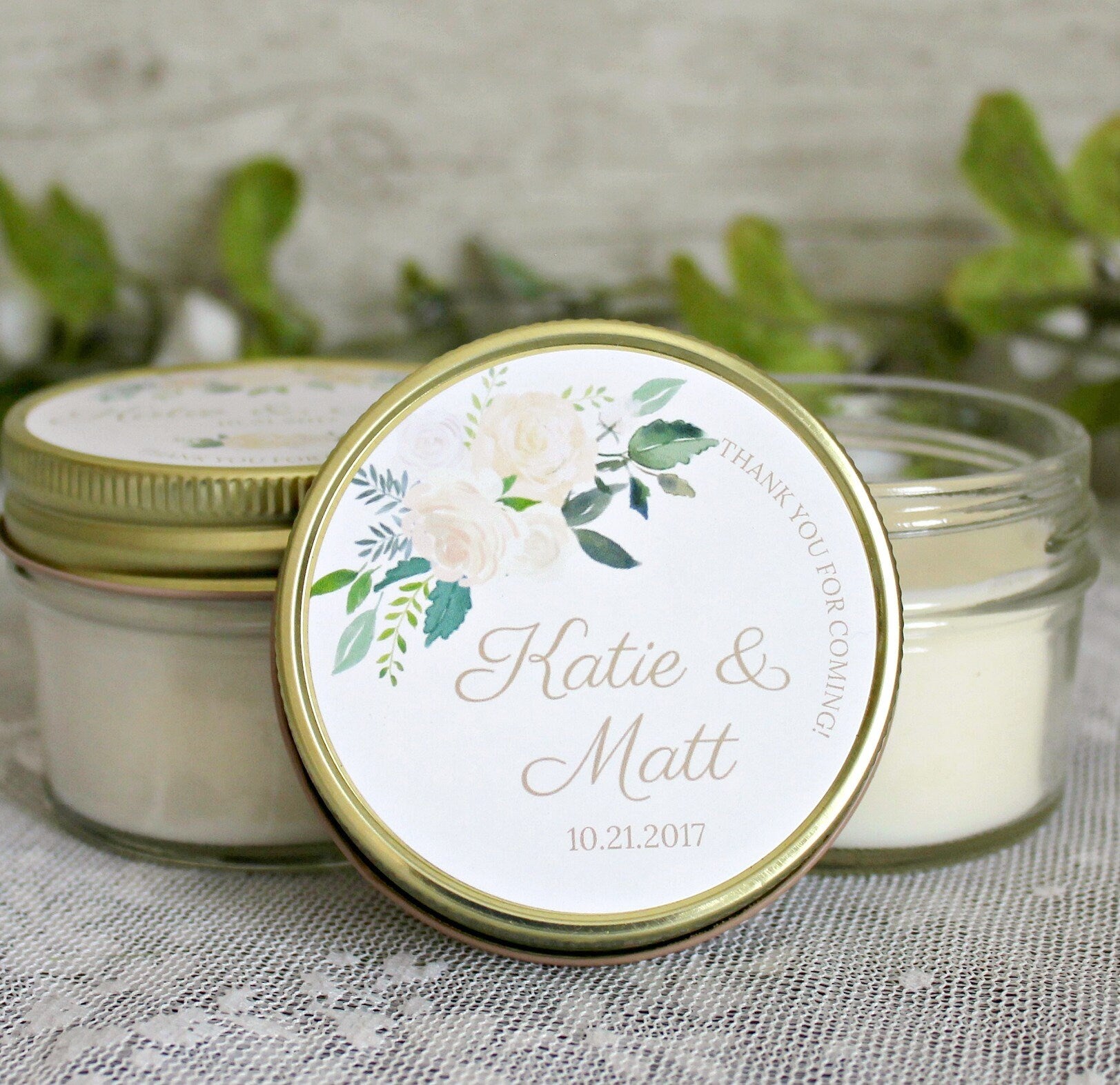 White, Green, & Gold Wedding Favor / Floral Wedding Favor / Personalized 4 oz. Candle Favors / Boho Wedding / Rustic Wedding / Personalized