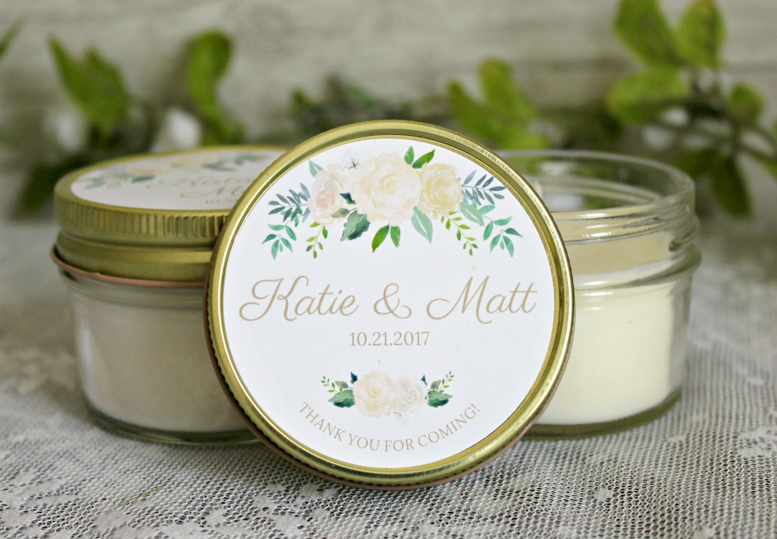 White, Green, & Gold Wedding Favor / Floral Wedding Favor / Personalized 4 oz. Candle Favors / Boho Wedding / Rustic Wedding / Personalized