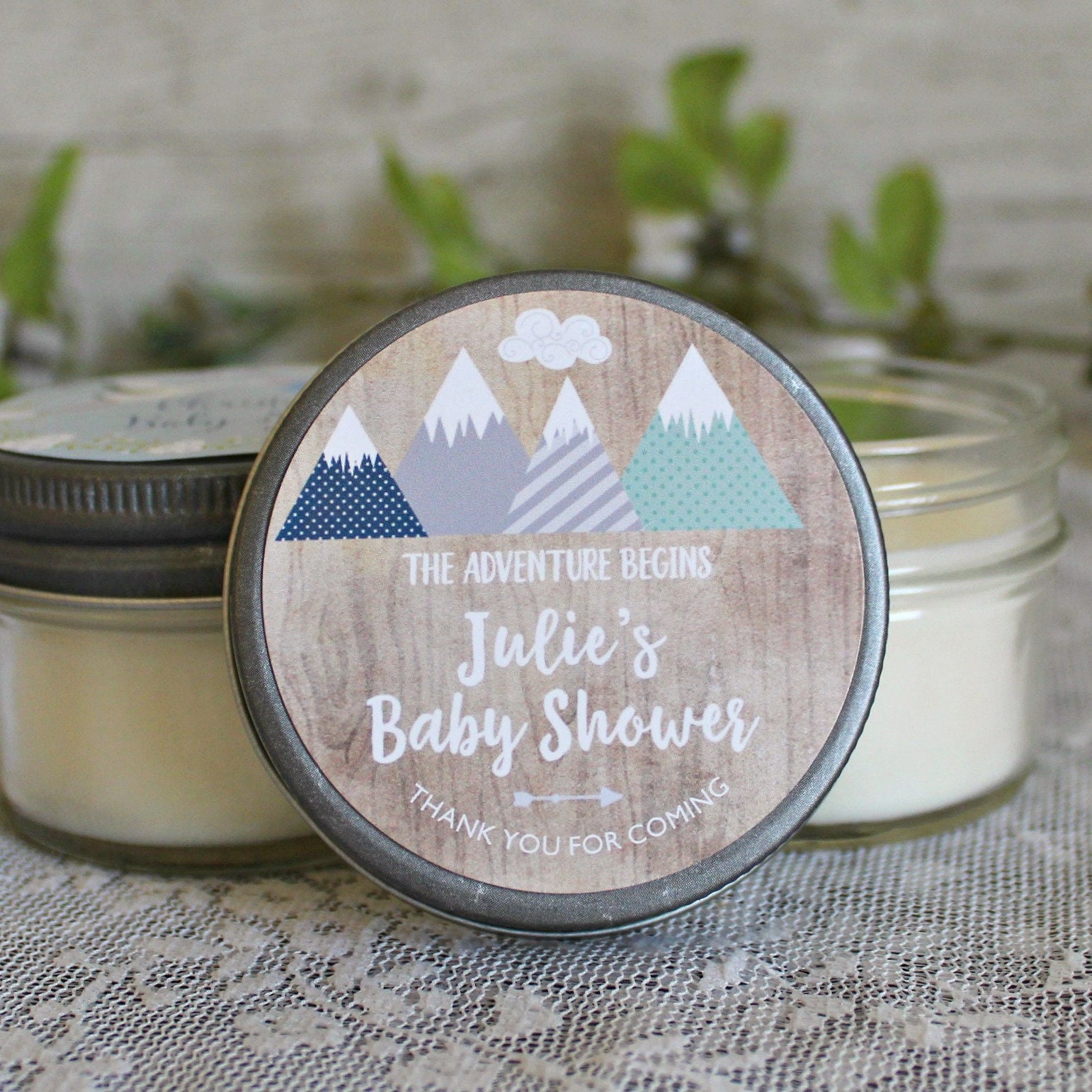Adventure Baby Shower Favor / Personalized 4 oz Soy Candle Favors / Mountain Baby Shower / Boy Baby Shower / Gender Neutral Baby Shower