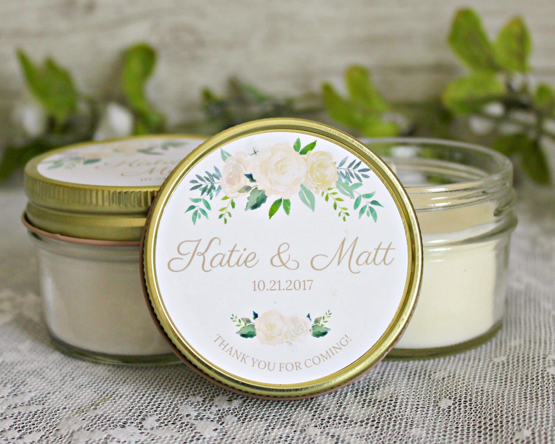 White, Green, & Gold Wedding Favor / Floral Wedding Favor / Personalized 4 oz. Candle Favors / Boho Wedding / Rustic Wedding / Personalized