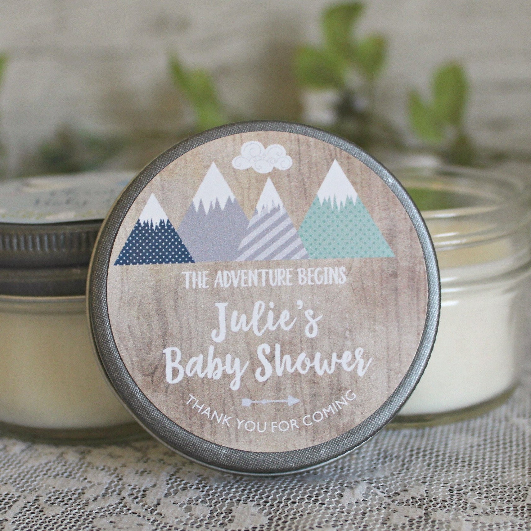 Adventure Baby Shower Favor / Personalized 4 oz Soy Candle Favors / Mountain Baby Shower / Boy Baby Shower / Gender Neutral Baby Shower