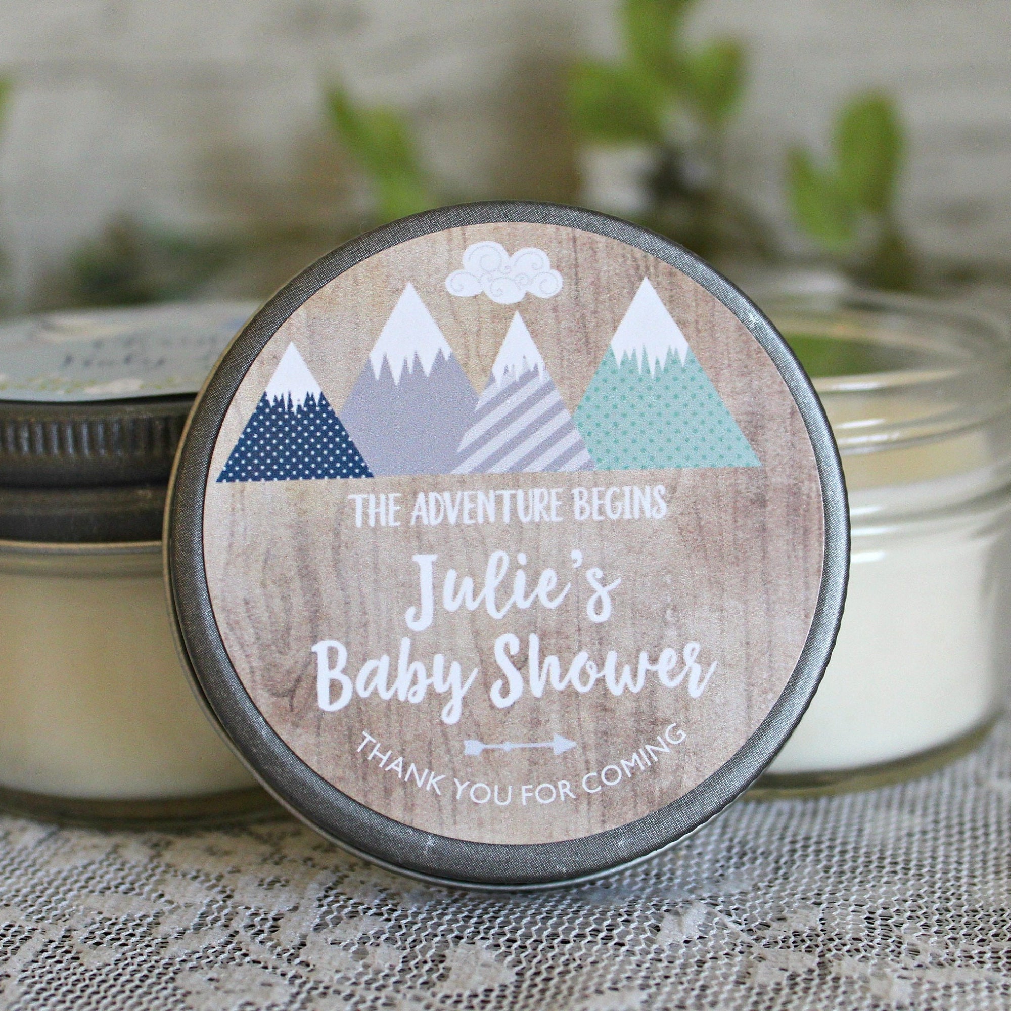Adventure Baby Shower Favor / Personalized 4 oz Soy Candle Favors / Mountain Baby Shower / Boy Baby Shower / Gender Neutral Baby Shower
