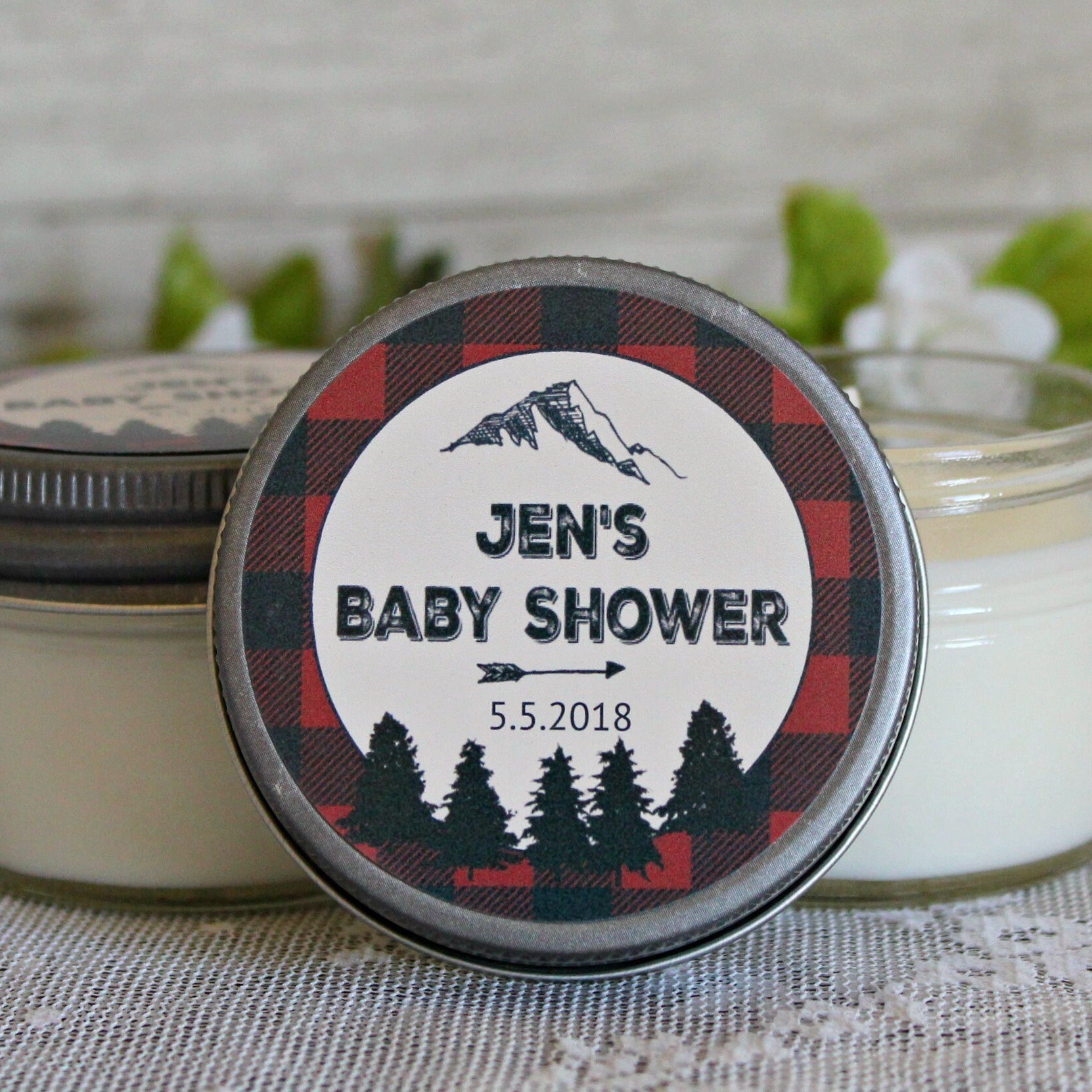 Lumberjack Baby Shower Favor / Personalized 4 oz Soy Candle Favors / Sugar Scrub Favor / Mountain Baby Shower / Buffalo Plaid Party Favor
