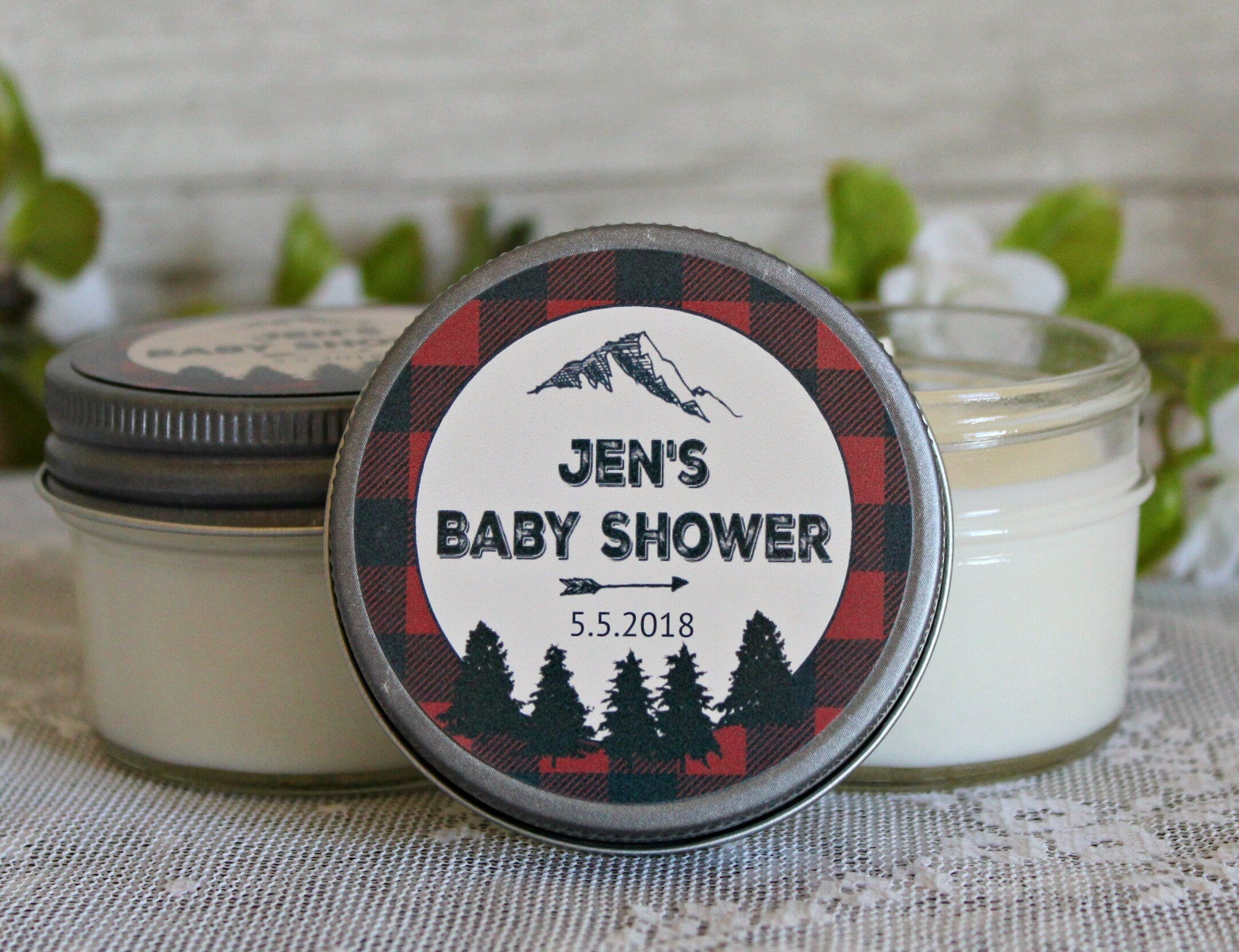Lumberjack Baby Shower Favor / Personalized 4 oz Soy Candle Favors / Sugar Scrub Favor / Mountain Baby Shower / Buffalo Plaid Party Favor