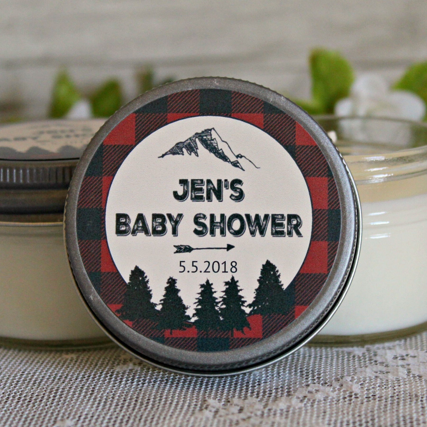 Lumberjack Baby Shower Favor / Personalized 4 oz Soy Candle Favors / Sugar Scrub Favor / Mountain Baby Shower / Buffalo Plaid Party Favor