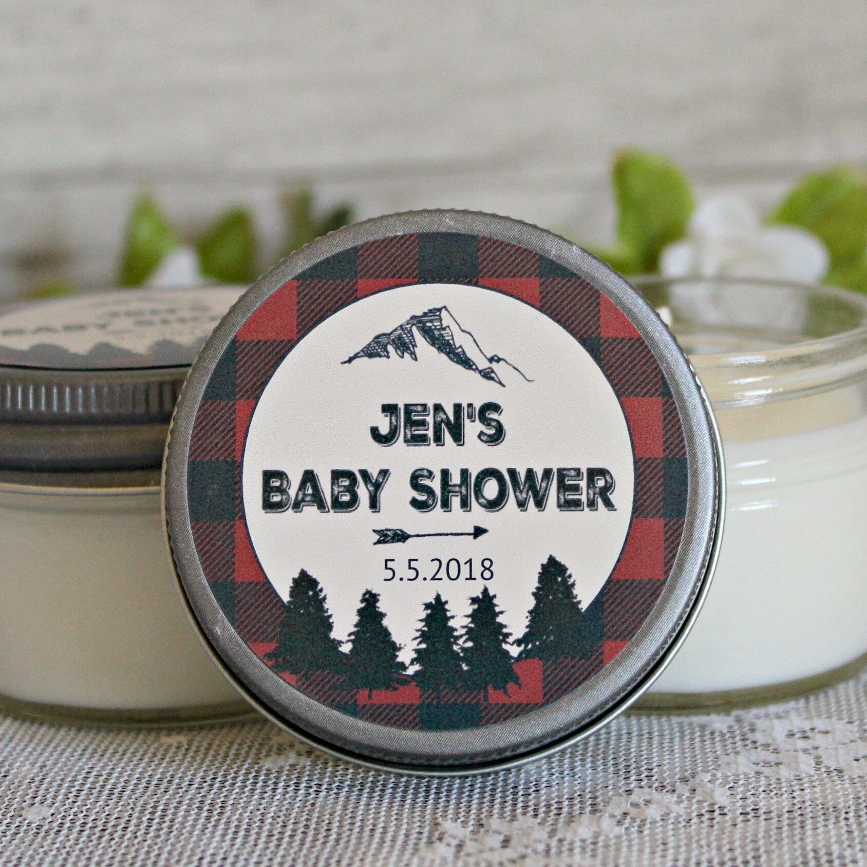 Lumberjack Baby Shower Favor / Personalized 4 oz Soy Candle Favors / Sugar Scrub Favor / Mountain Baby Shower / Buffalo Plaid Party Favor