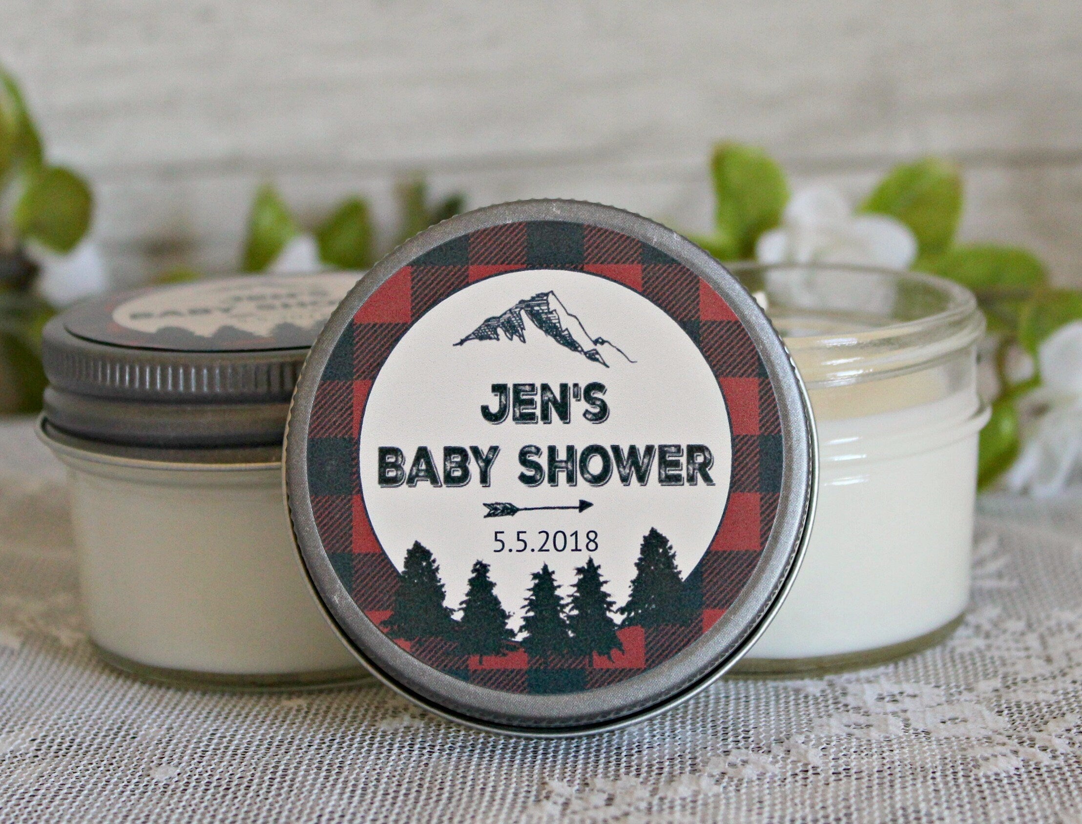 Lumberjack Baby Shower Favor / Personalized 4 oz Soy Candle Favors / Sugar Scrub Favor / Mountain Baby Shower / Buffalo Plaid Party Favor