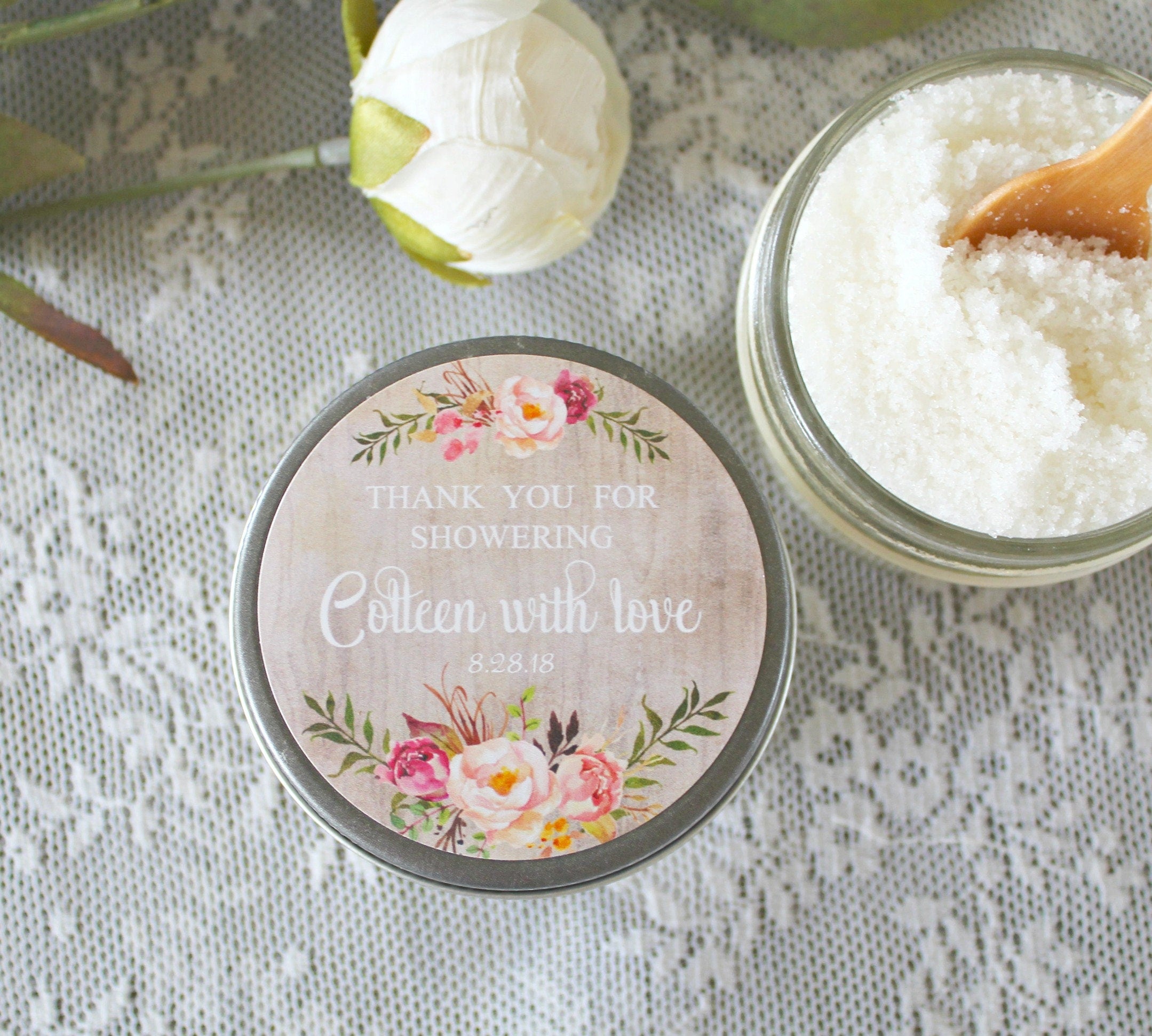 Bridal Shower Sugar Scrub Favor / 4 - oz Custom Sugar Scrub / Rose Floral Favor / Boho Bridal Shower Favor / Shower Gift / Party Favor
