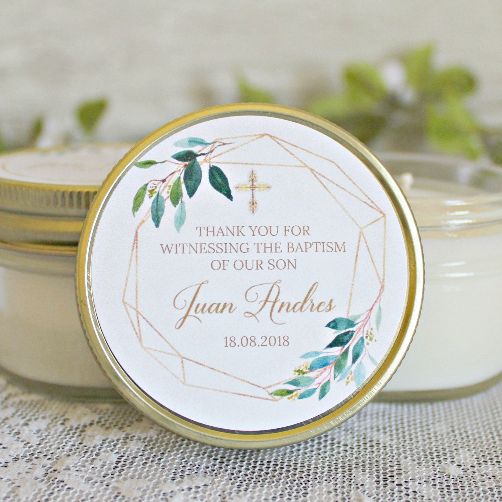 Gold & Greenery Baptism Favors / 4 oz Personalized Candle Favor / Boy Baptism / Girl Baptism / Communion Favor / Christening Favor