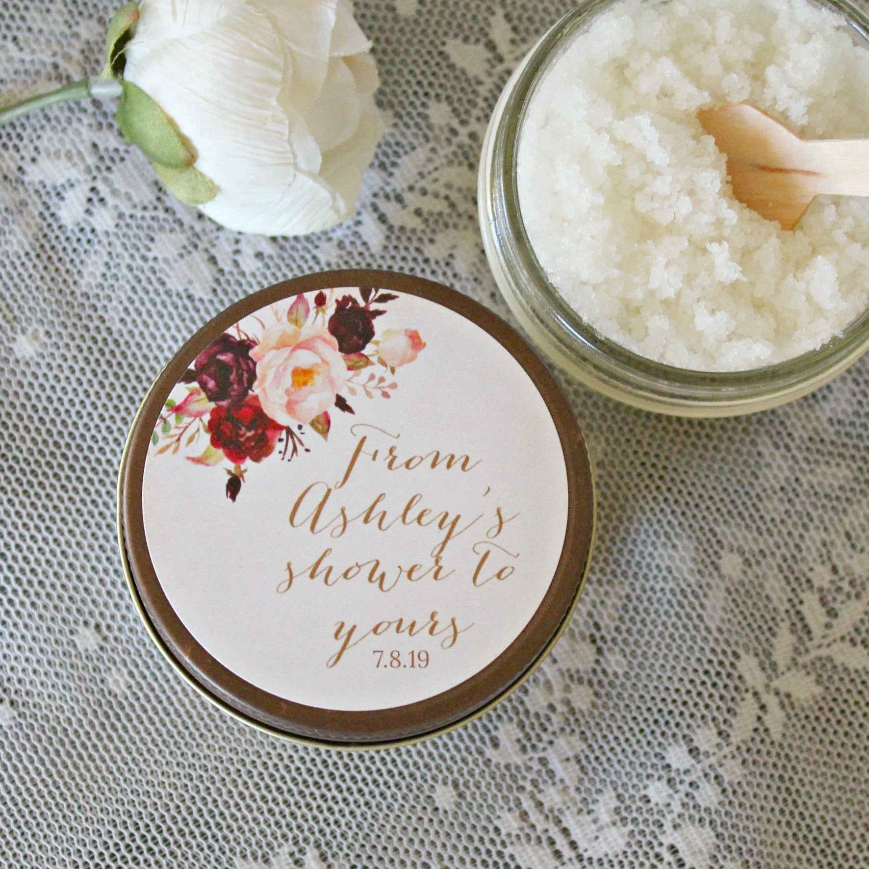 Burgundy & Blush Baby Shower Favor / Personalized 4 oz Sugar Scrubs / From My Shower To Yours / Floral Baby Shower Favor /