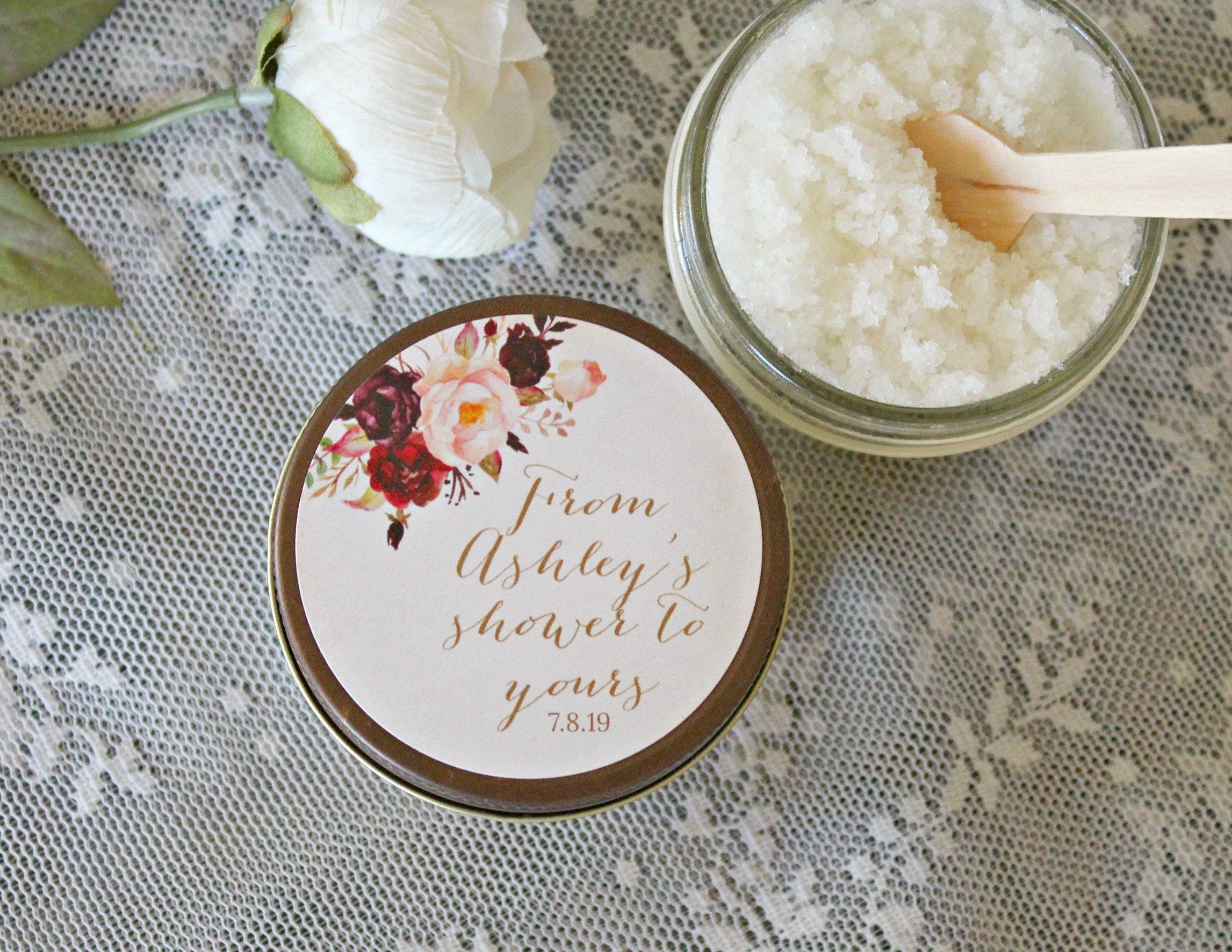 Burgundy & Blush Baby Shower Favor / Personalized 4 oz Sugar Scrubs / From My Shower To Yours / Floral Baby Shower Favor /