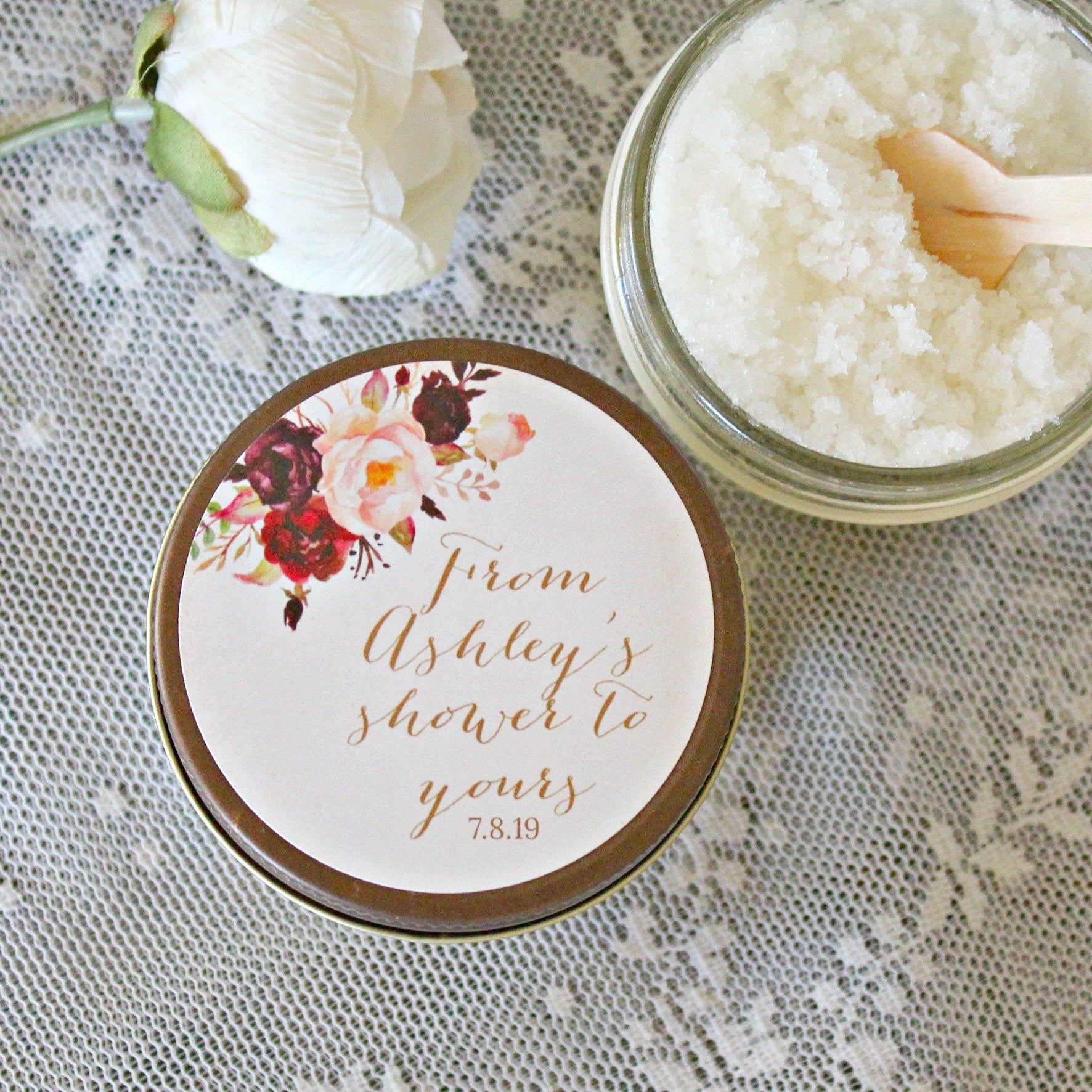 Burgundy & Blush Baby Shower Favor / Personalized 4 oz Sugar Scrubs / From My Shower To Yours / Floral Baby Shower Favor /