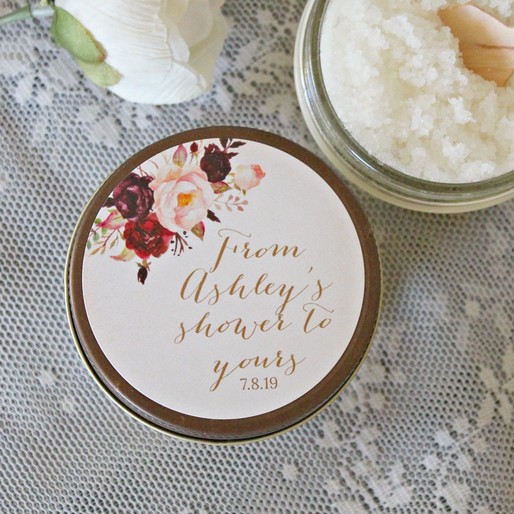 Burgundy & Blush Baby Shower Favor / Personalized 4 oz Sugar Scrubs / From My Shower To Yours / Floral Baby Shower Favor /