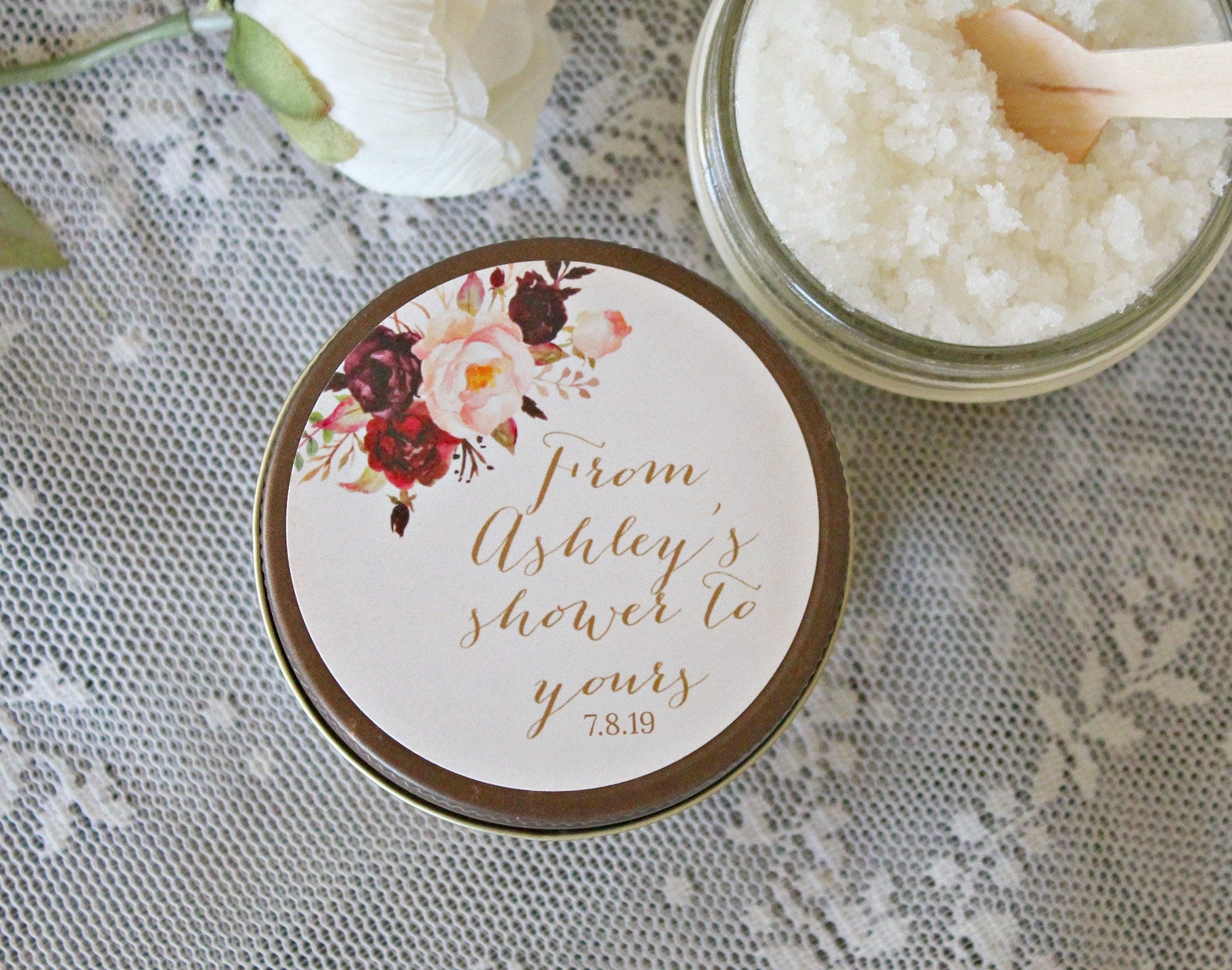 Burgundy & Blush Baby Shower Favor / Personalized 4 oz Sugar Scrubs / From My Shower To Yours / Floral Baby Shower Favor /