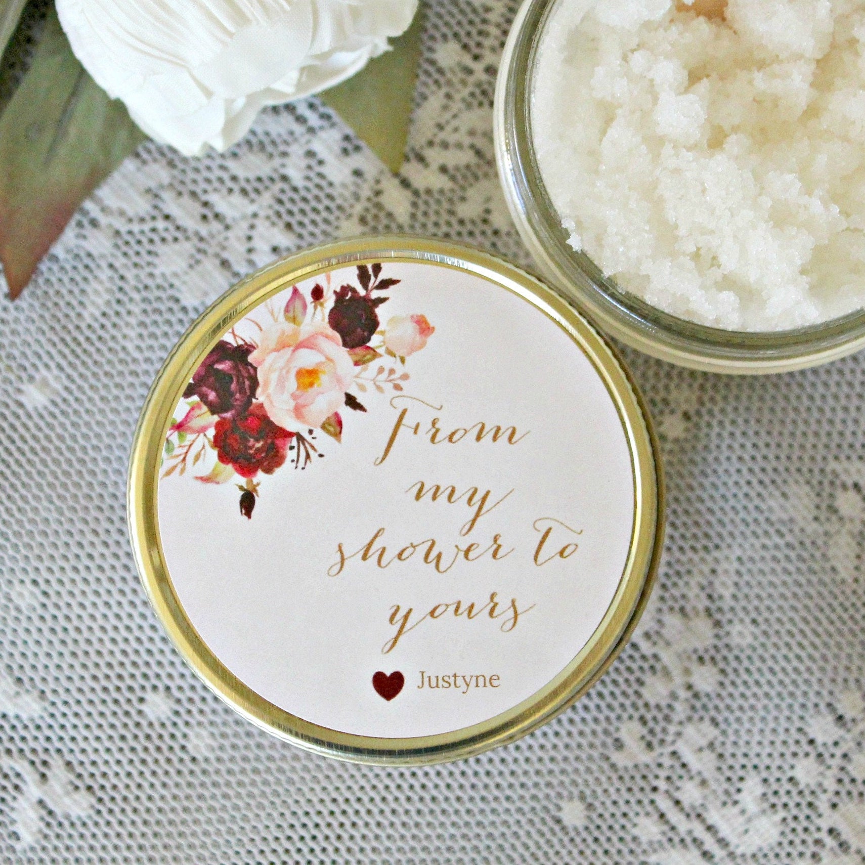 Burgundy & Blush Baby Shower Favor / Personalized 4 oz Sugar Scrubs / From My Shower To Yours / Floral Baby Shower Favor /