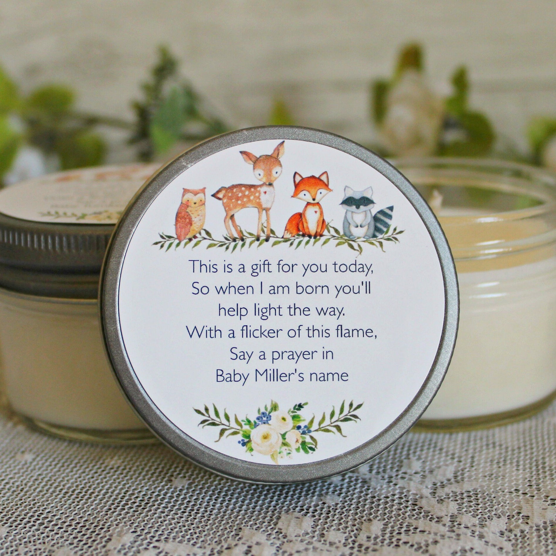 Woodland Baby Shower Favors / Personalized 4oz Candle Favors / Woodland Favors / Fox Favors / Deer Favors / Gender Neutral /Baby Shower Poem