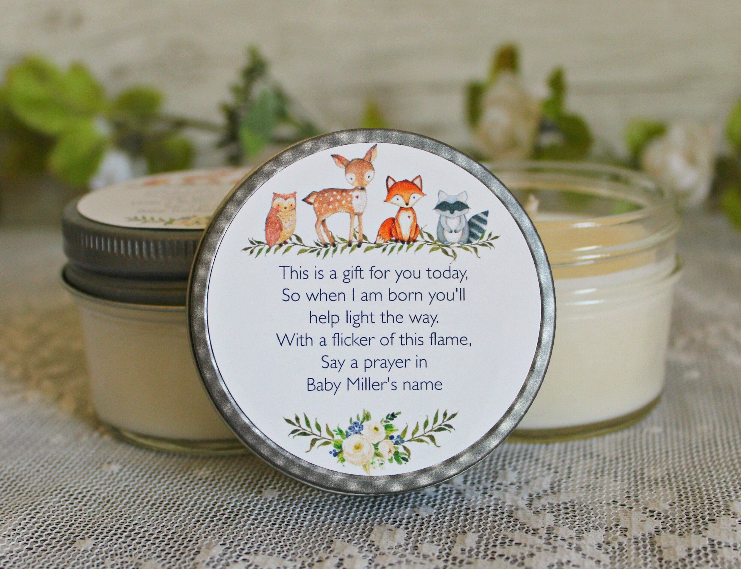 Woodland Baby Shower Favors / Personalized 4oz Candle Favors / Woodland Favors / Fox Favors / Deer Favors / Gender Neutral /Baby Shower Poem