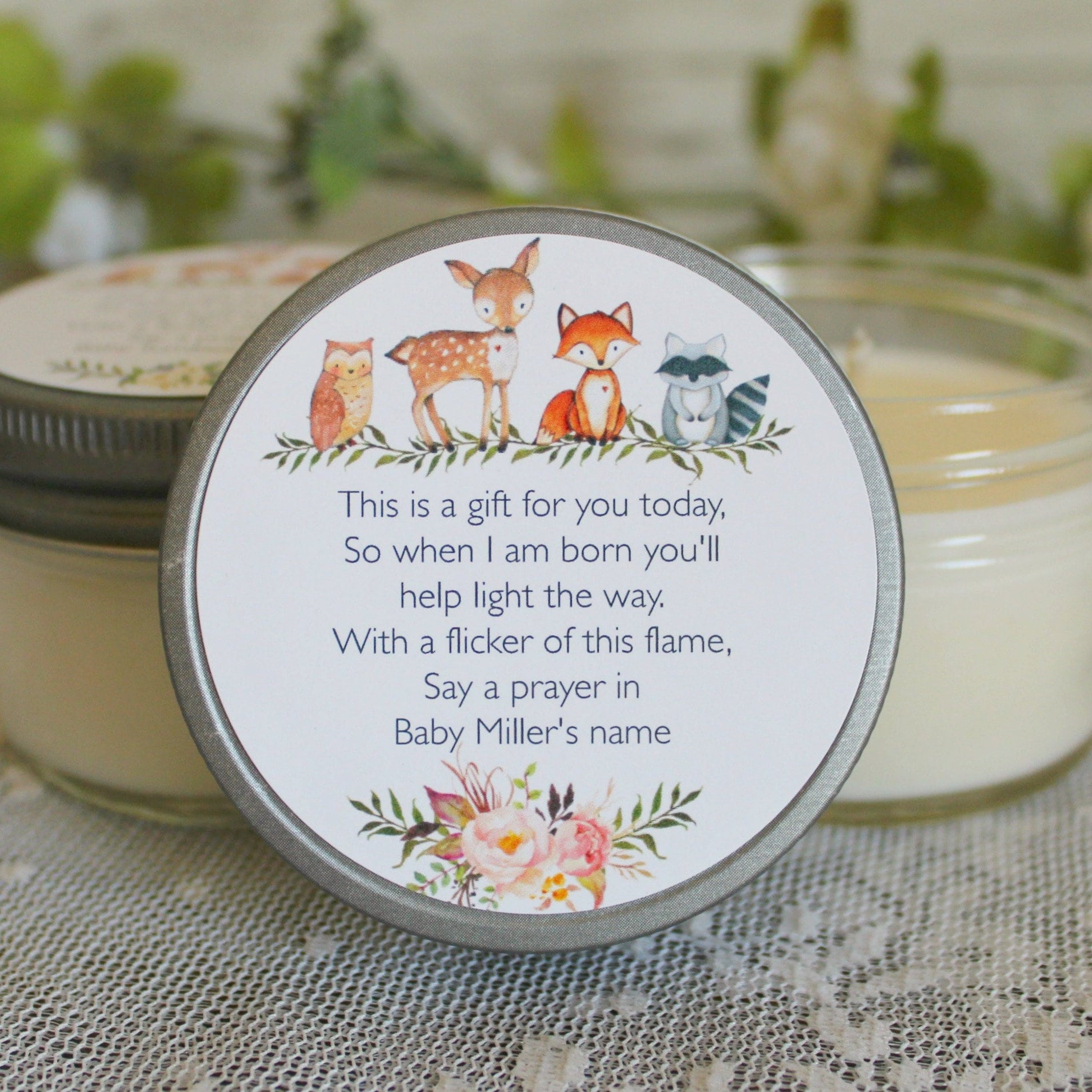 Woodland Baby Shower Favors / Personalized 4oz Candle Favors / Woodland Favors / Fox Favors / Deer Favors / Gender Neutral /Baby Shower Poem
