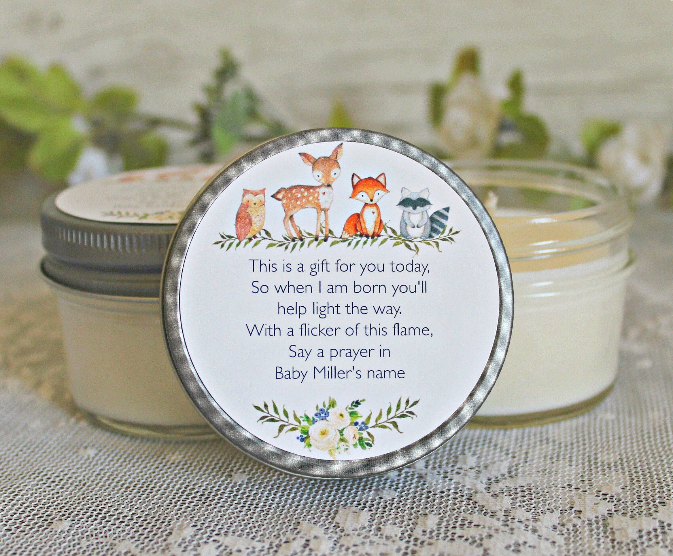 Woodland Baby Shower Favors / Personalized 4oz Candle Favors / Woodland Favors / Fox Favors / Deer Favors / Gender Neutral /Baby Shower Poem