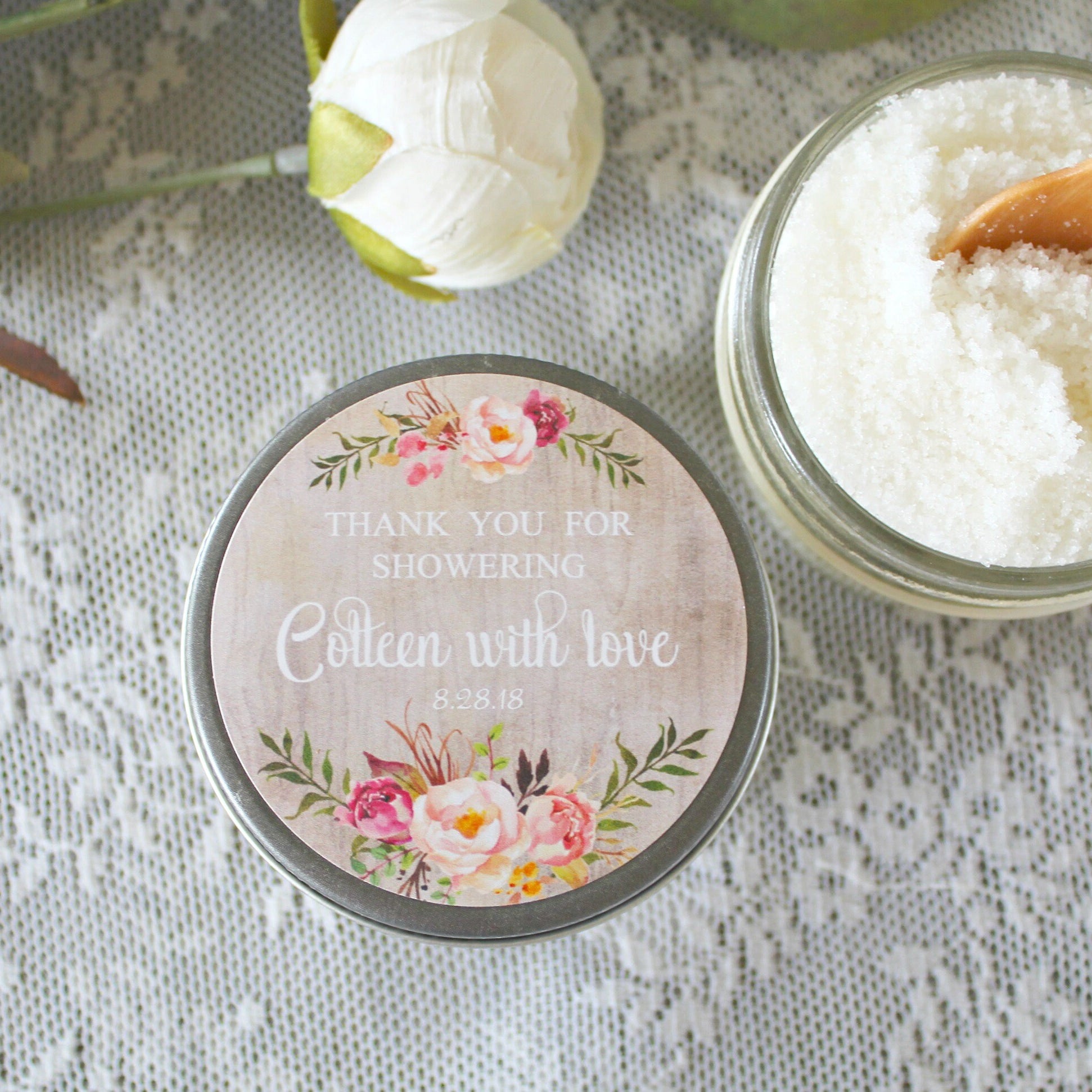 Personalized 4 oz Baby Shower Favors / Sugar Scrub Favor / Rose Floral Favor/ Boho Baby Shower Favor / Party Favor / Girl Baby Shower