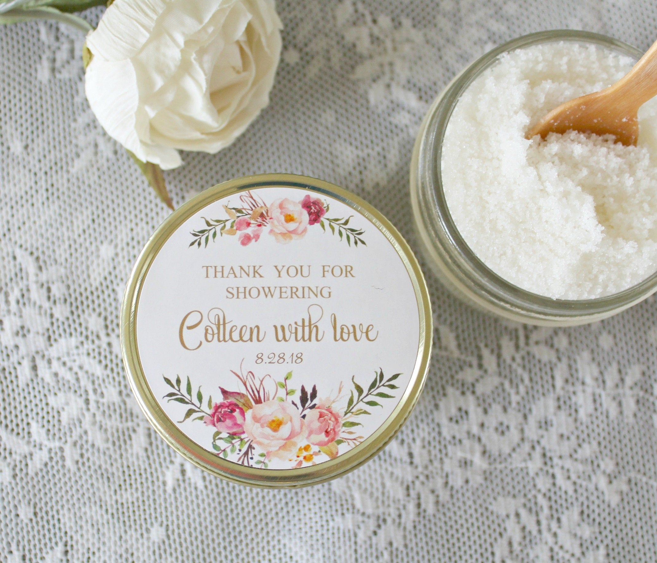 Bridal Shower Sugar Scrub Favor / 4 - oz Custom Sugar Scrub / Rose Floral Favor / Boho Bridal Shower Favor / Shower Gift / Party Favor