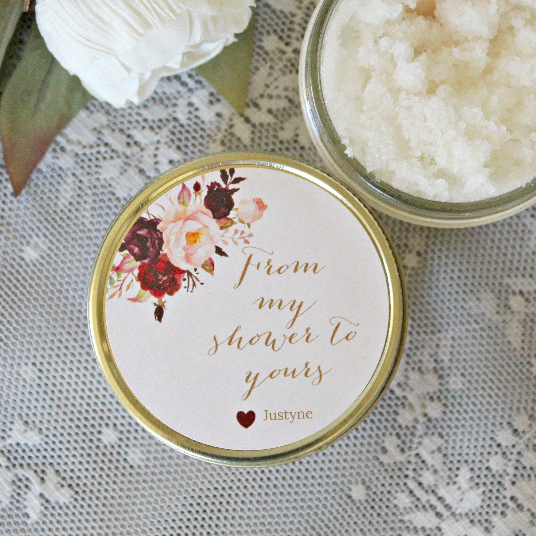 Burgundy & Blush Baby Shower Favor / Personalized 4 oz Sugar Scrubs / From My Shower To Yours / Floral Baby Shower Favor /