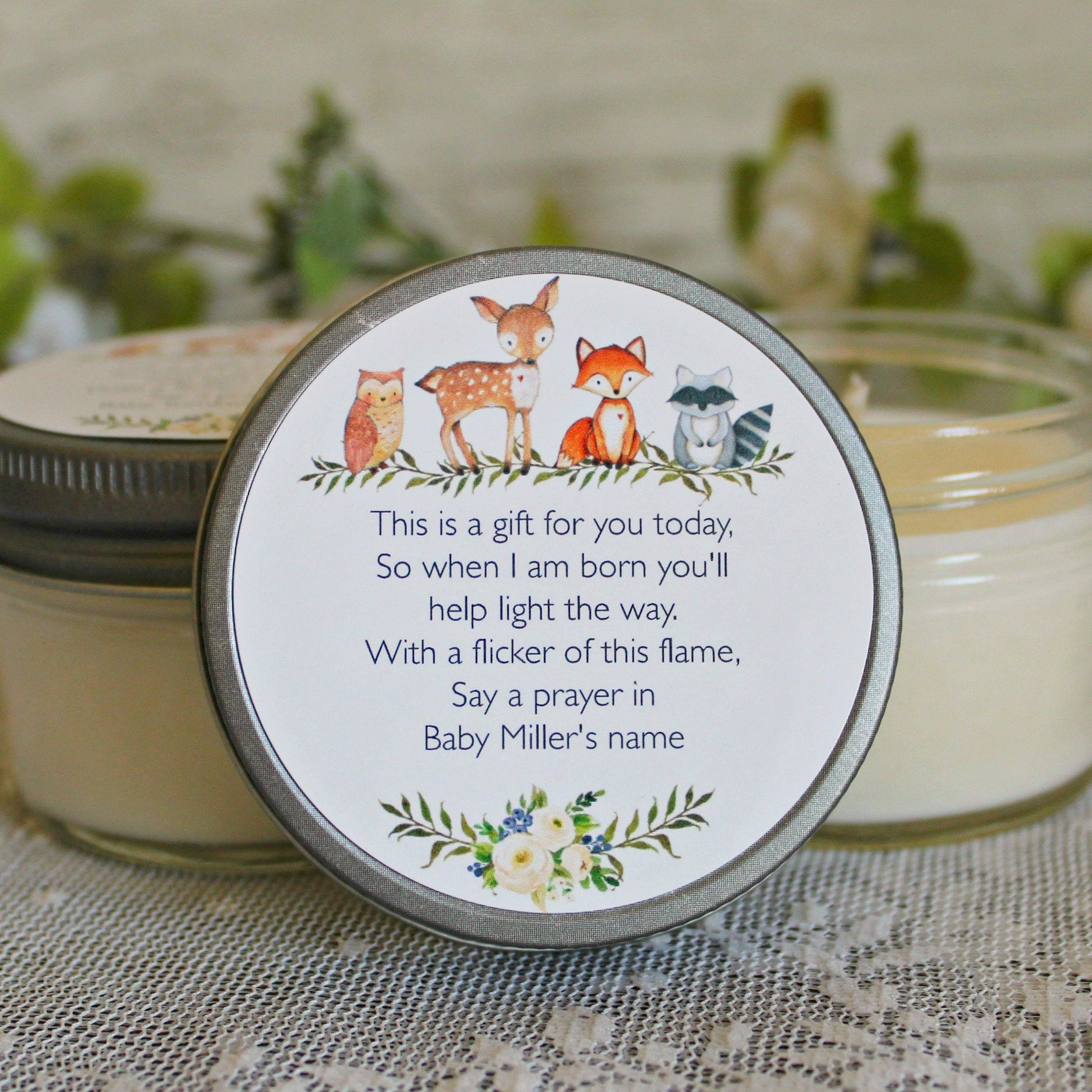 Woodland Baby Shower Favors / Personalized 4oz Candle Favors / Woodland Favors / Fox Favors / Deer Favors / Gender Neutral /Baby Shower Poem