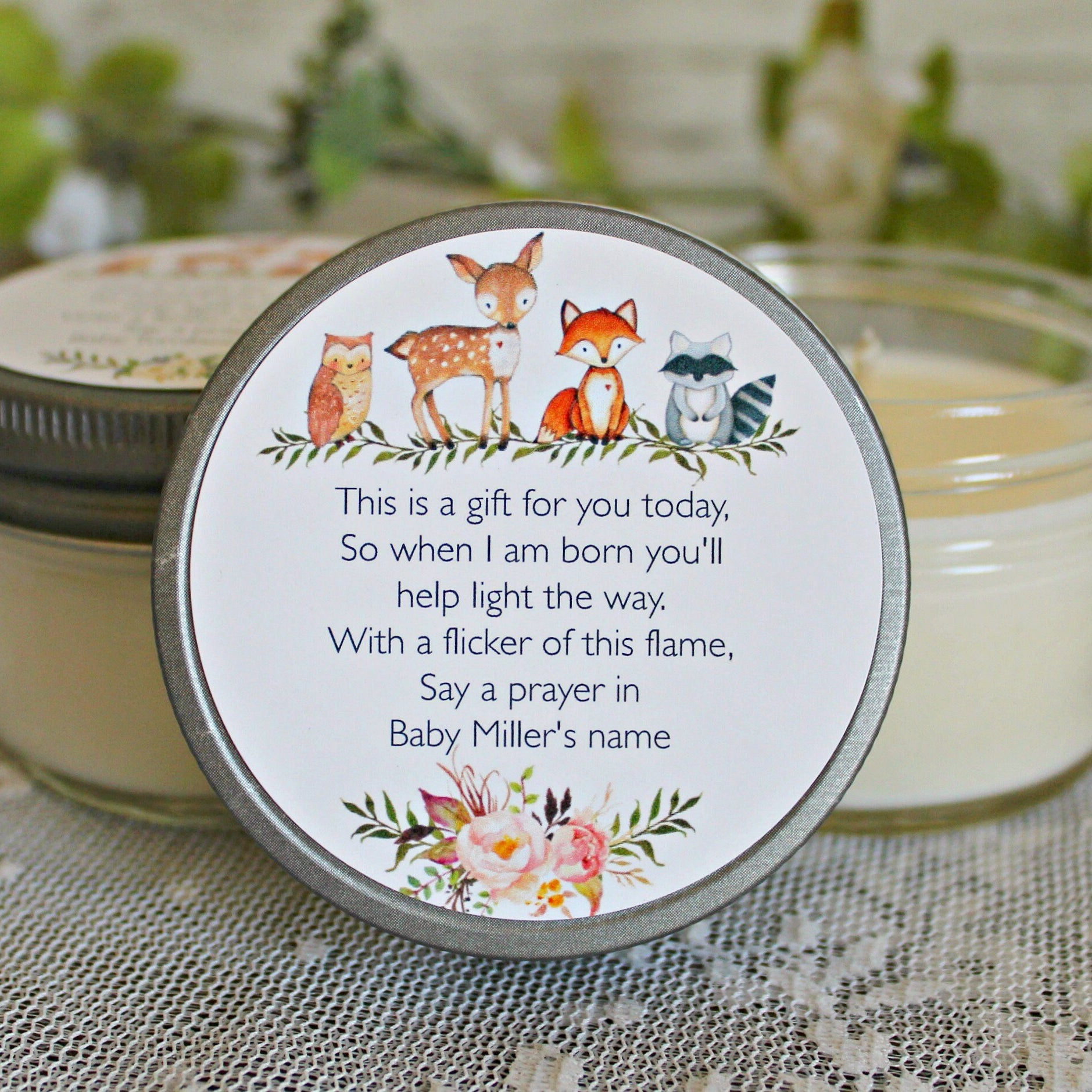Woodland Baby Shower Favors / Personalized 4oz Candle Favors / Woodland Favors / Fox Favors / Deer Favors / Gender Neutral /Baby Shower Poem