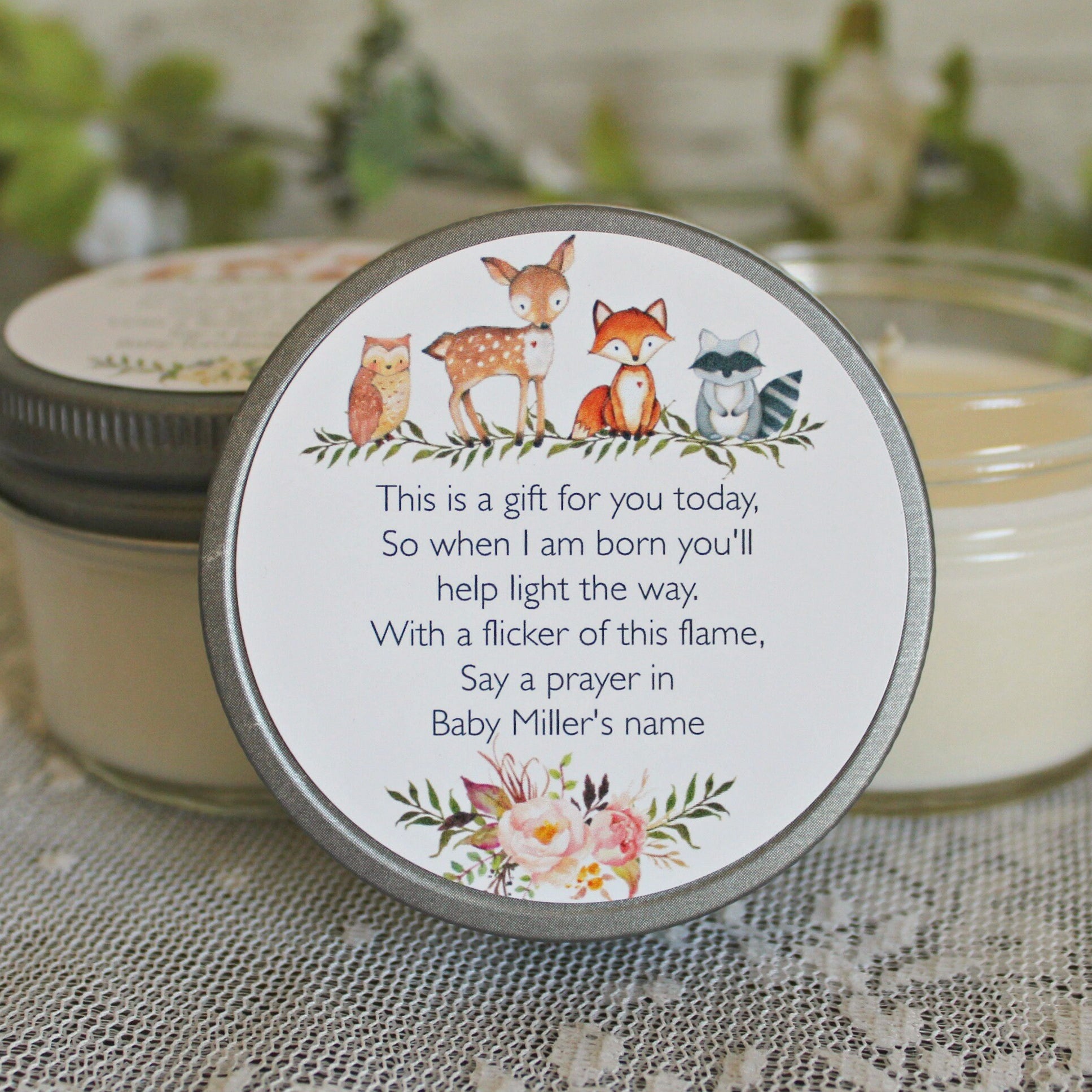 Woodland Baby Shower Favors / Personalized 4oz Candle Favors / Woodland Favors / Fox Favors / Deer Favors / Gender Neutral /Baby Shower Poem