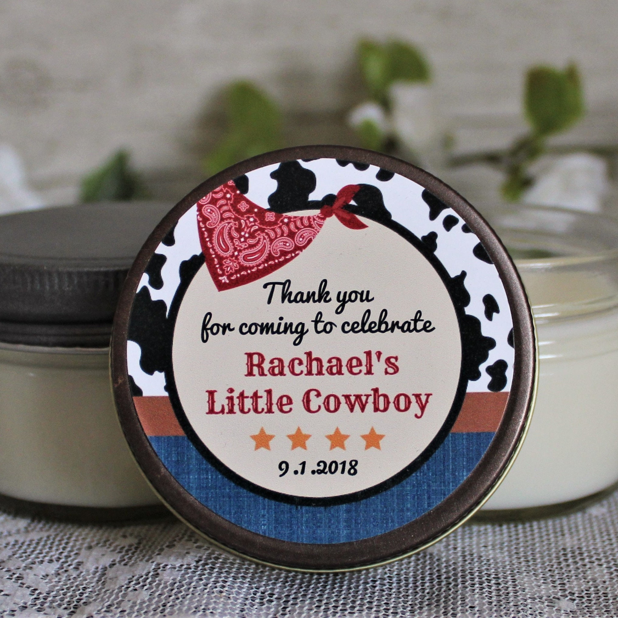 Cowboy Baby Shower Favor / Personalzied 4 oz candle Favors / Boy Baby Shower / Cowgirl Favor / Cowboy Birthday Favor / Western Baby Shower