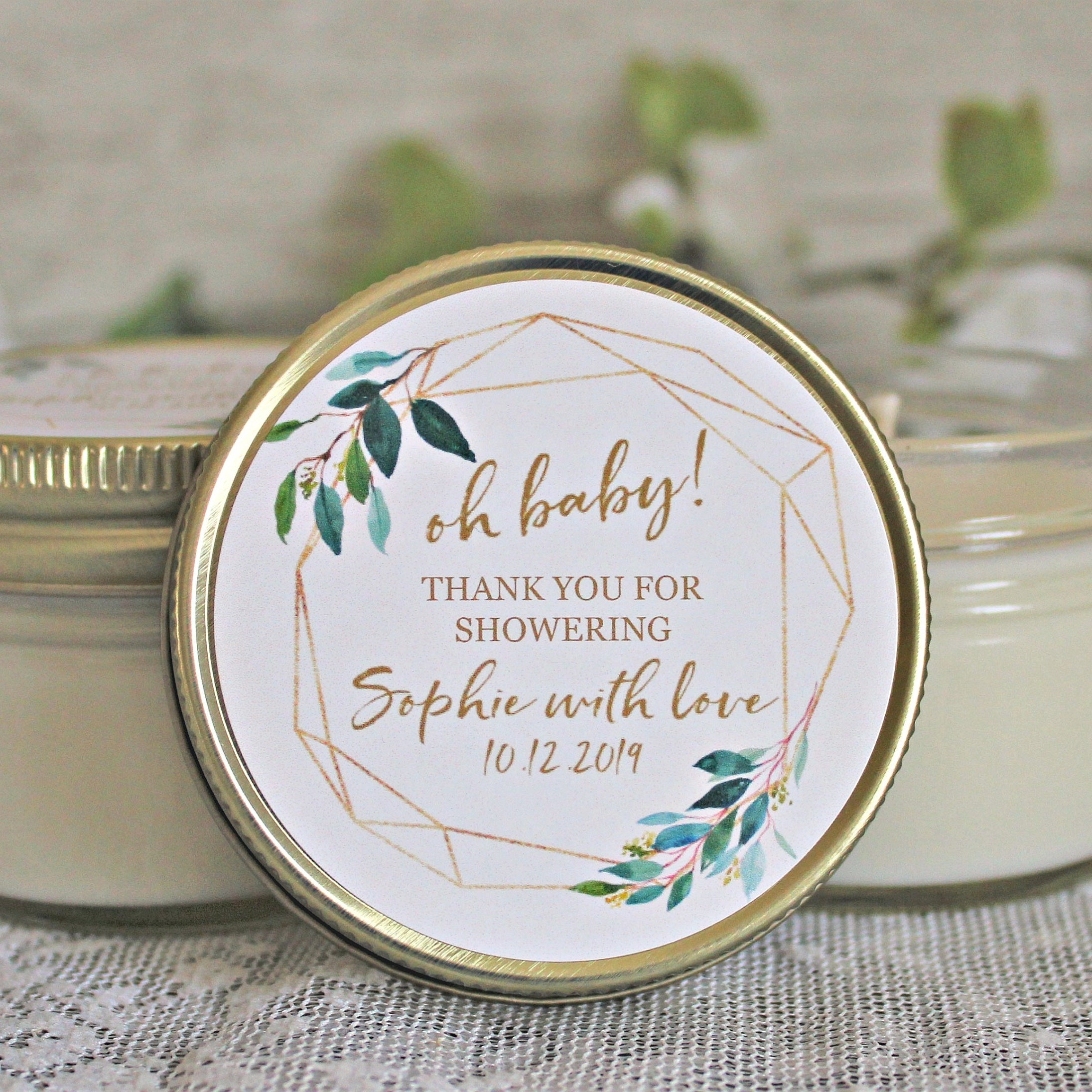 Gold & Greenery Baby Shower Favors / 4 oz Soy Candle or Sugar Scrub / Oh Baby Shower / Gender Neutral Baby Shower / Modern Baby Shower