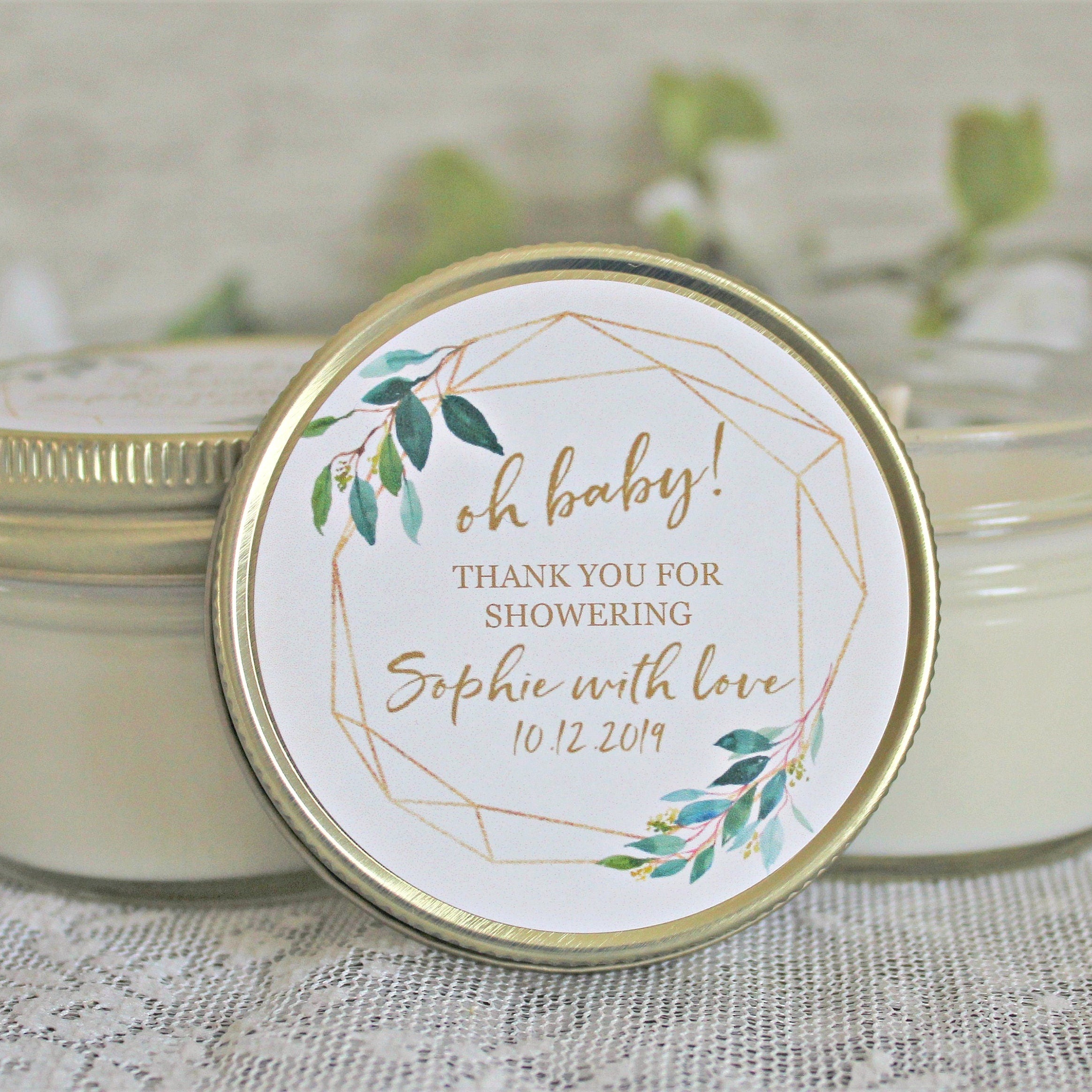 Gold & Greenery Baby Shower Favors / 4 oz Soy Candle or Sugar Scrub / Oh Baby Shower / Gender Neutral Baby Shower / Modern Baby Shower