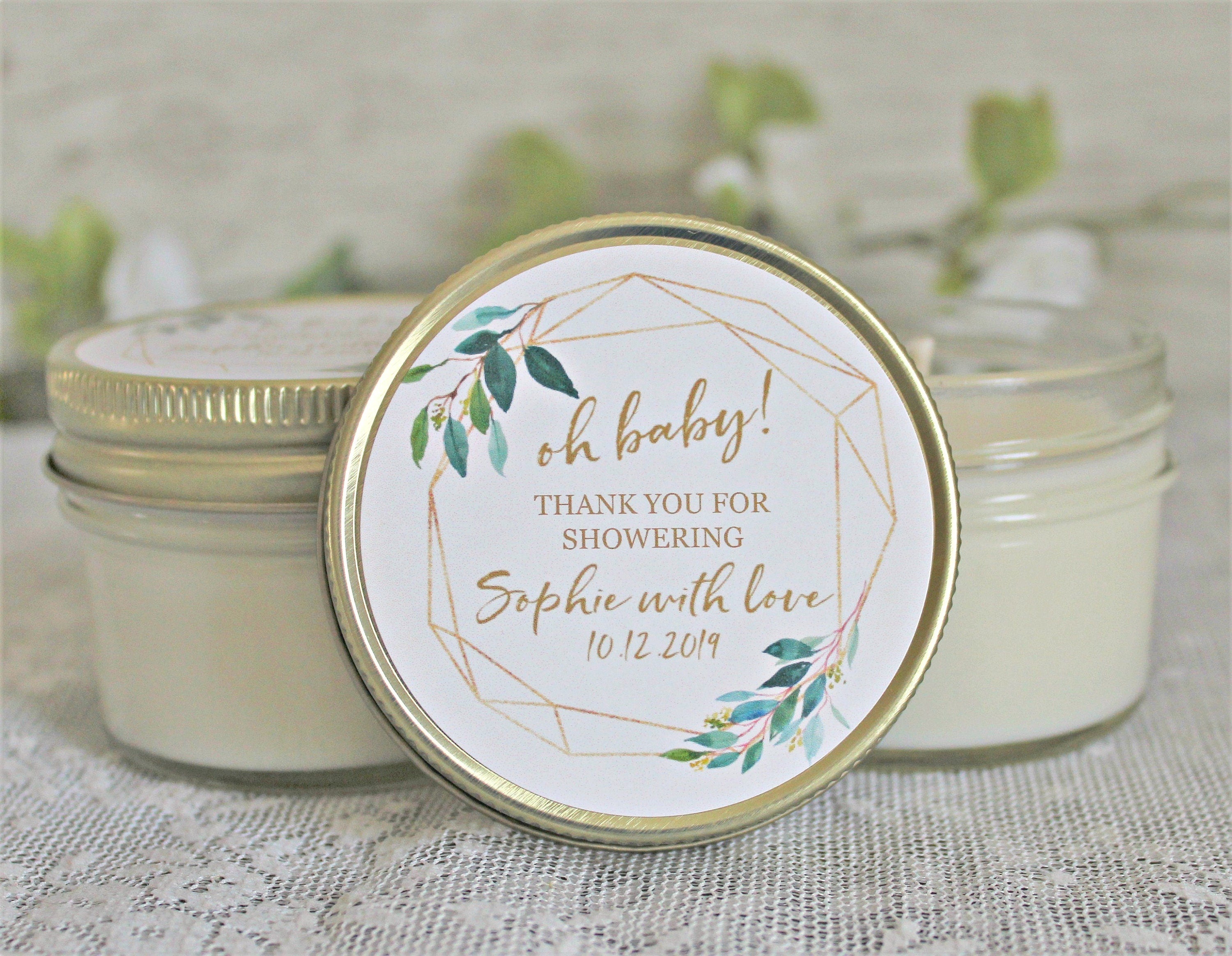 Gold & Greenery Baby Shower Favors / 4 oz Soy Candle or Sugar Scrub / Oh Baby Shower / Gender Neutral Baby Shower / Modern Baby Shower