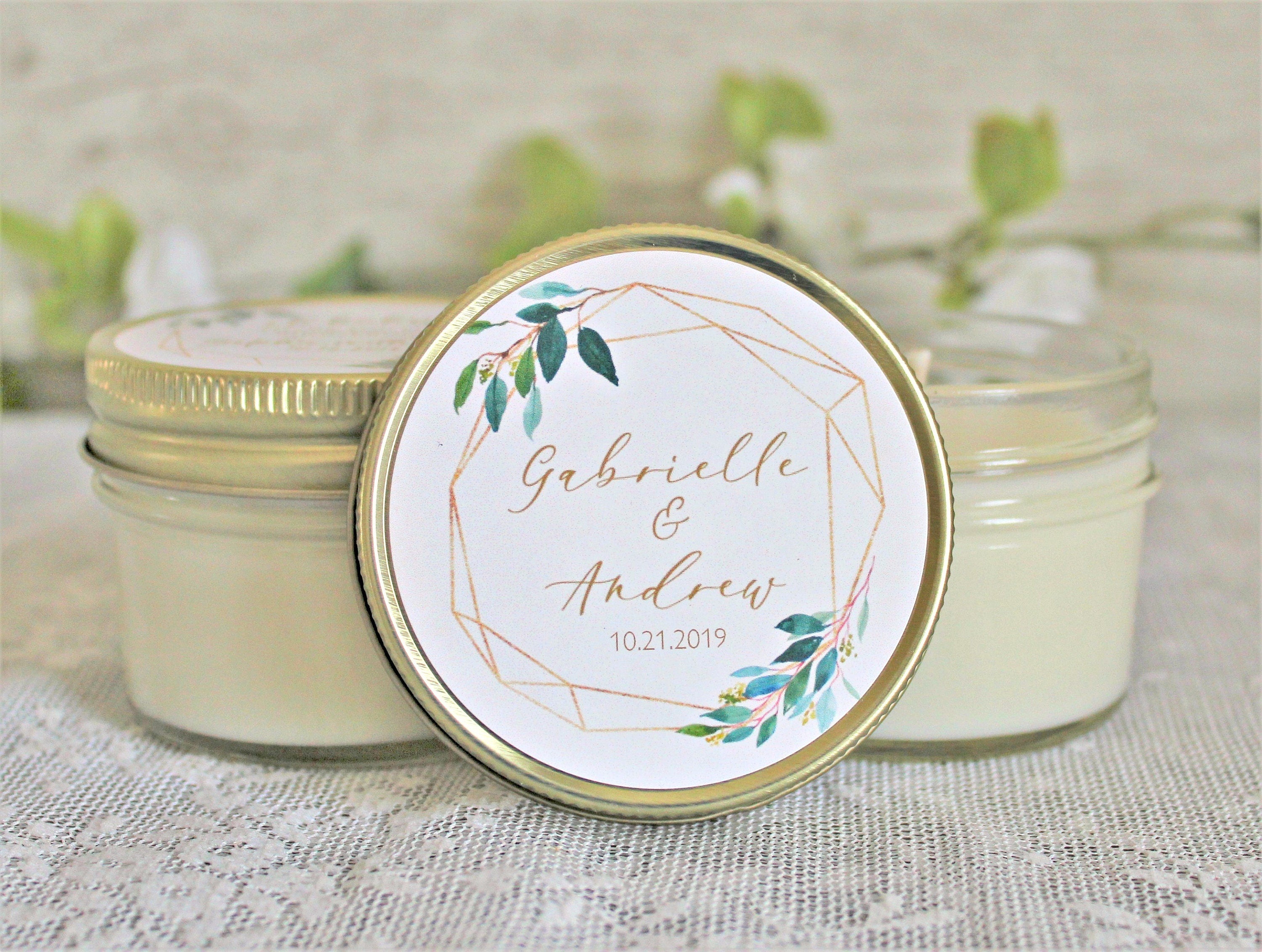 Wedding Favors Candles / Greenery & Gold Wedding Favor / Personalized 4 oz. Candle Favors / Personalized Favors / Elegant Wedding Favors