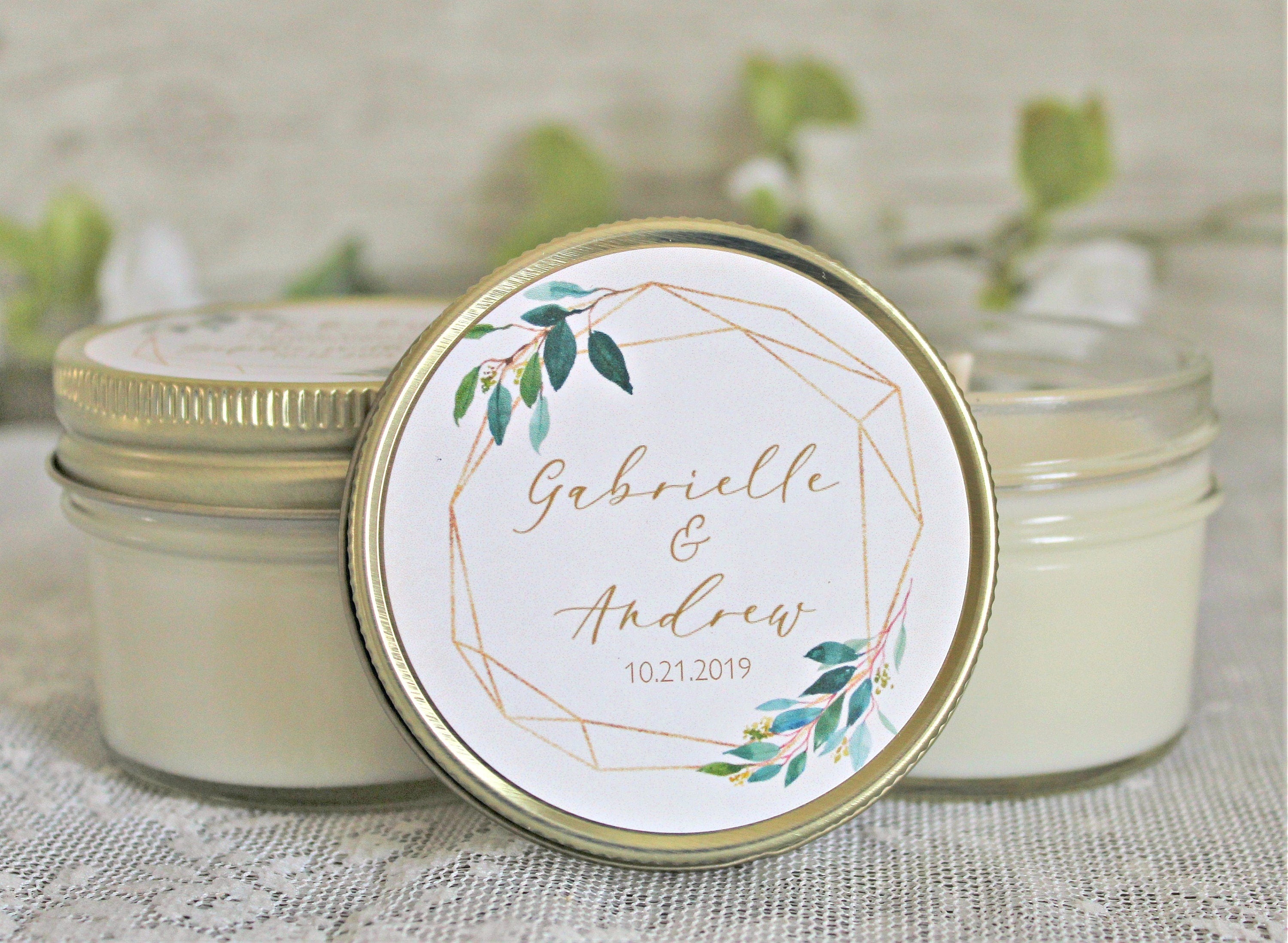 Wedding Favors Candles / Greenery & Gold Wedding Favor / Personalized 4 oz. Candle Favors / Personalized Favors / Elegant Wedding Favors