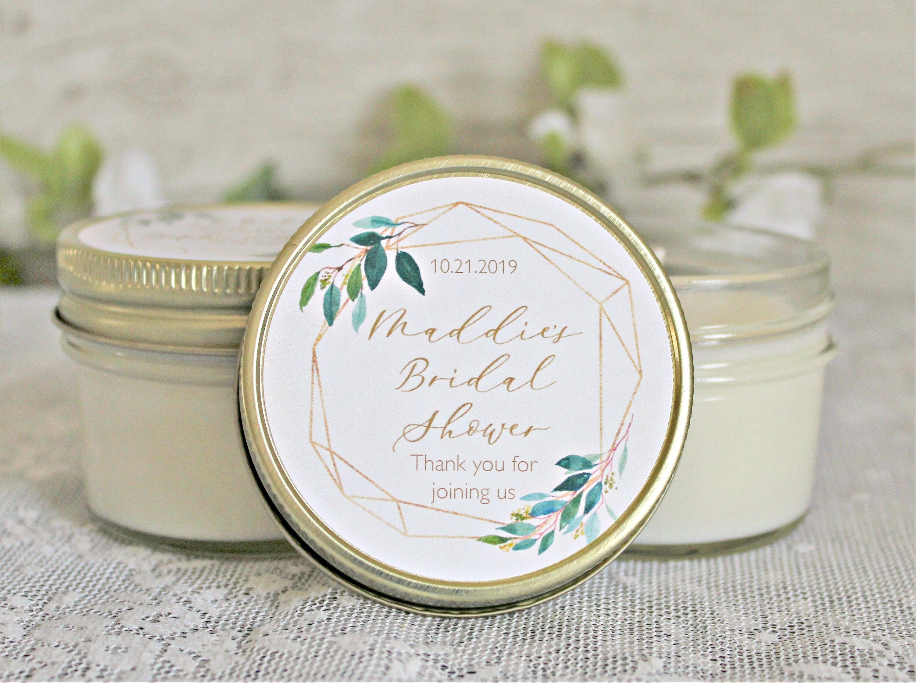 Greenery & Gold Bridal Shower Favor Candles / Personalized 4 oz. Soy Candle Favors / Personalized Favors / Elegant Bridal Shower Favors
