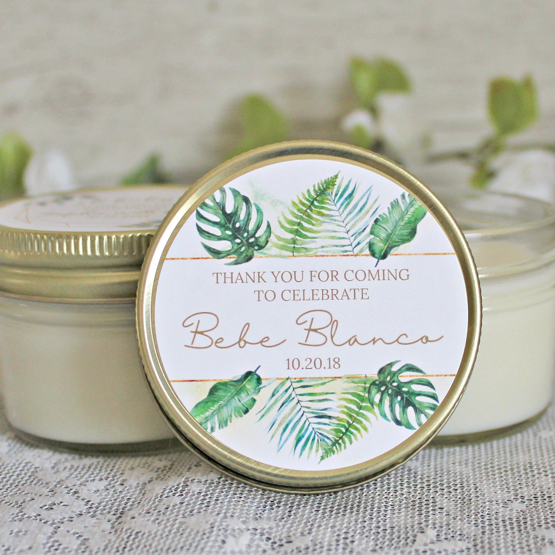 Tropical Baby Shower Favor / 4 oz Soy Candle or Sugar Scrub / Safari Baby Shower / Girl Baby Shower / Boy Baby Shower / Gender Neutral Baby